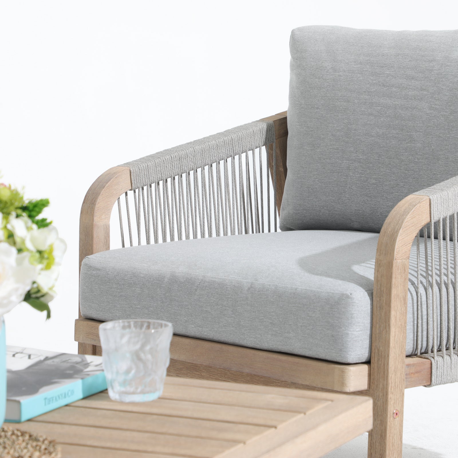 Thalea Textured Outdoor Modern Wooden Rope Lounge Chairs, Set of 2