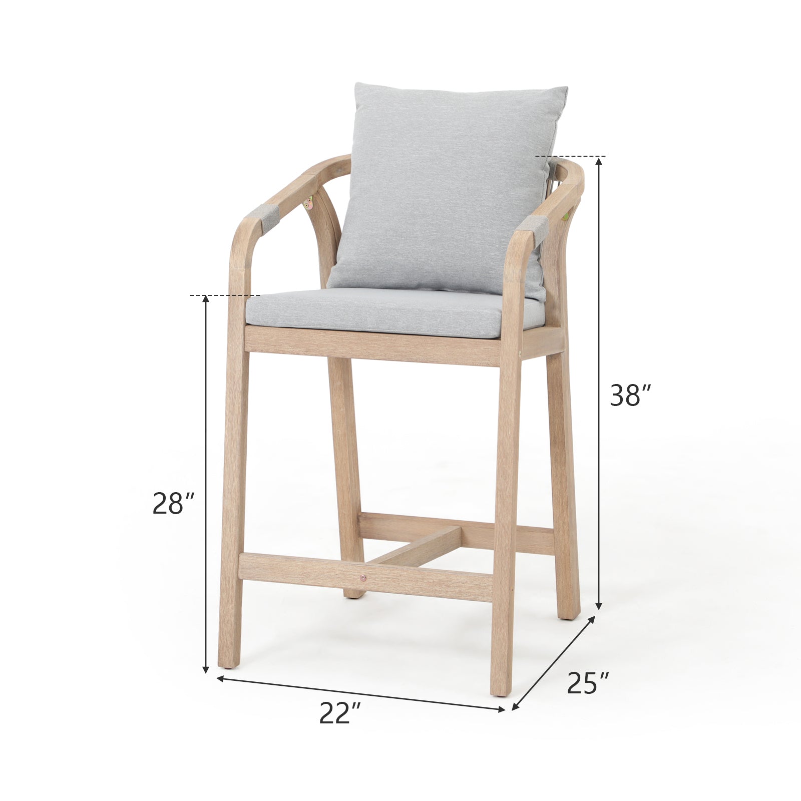 Wooden Outdoor Patio Bar height chairs with gray cushions,dimension - Jardina Premium Modern Outdoor Patio Furniture