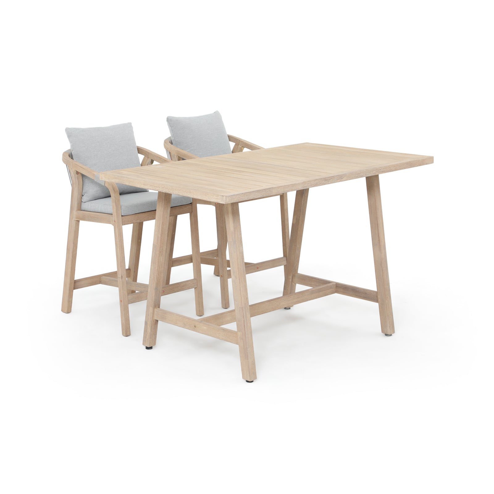 Wooden Outdoor Patio Bar Set, a rectangular acacia wood bar table and 2 patio bar height chairs with gray cushions, gray rope design - Jardina Premium Modern Outdoor Patio Furniture Set