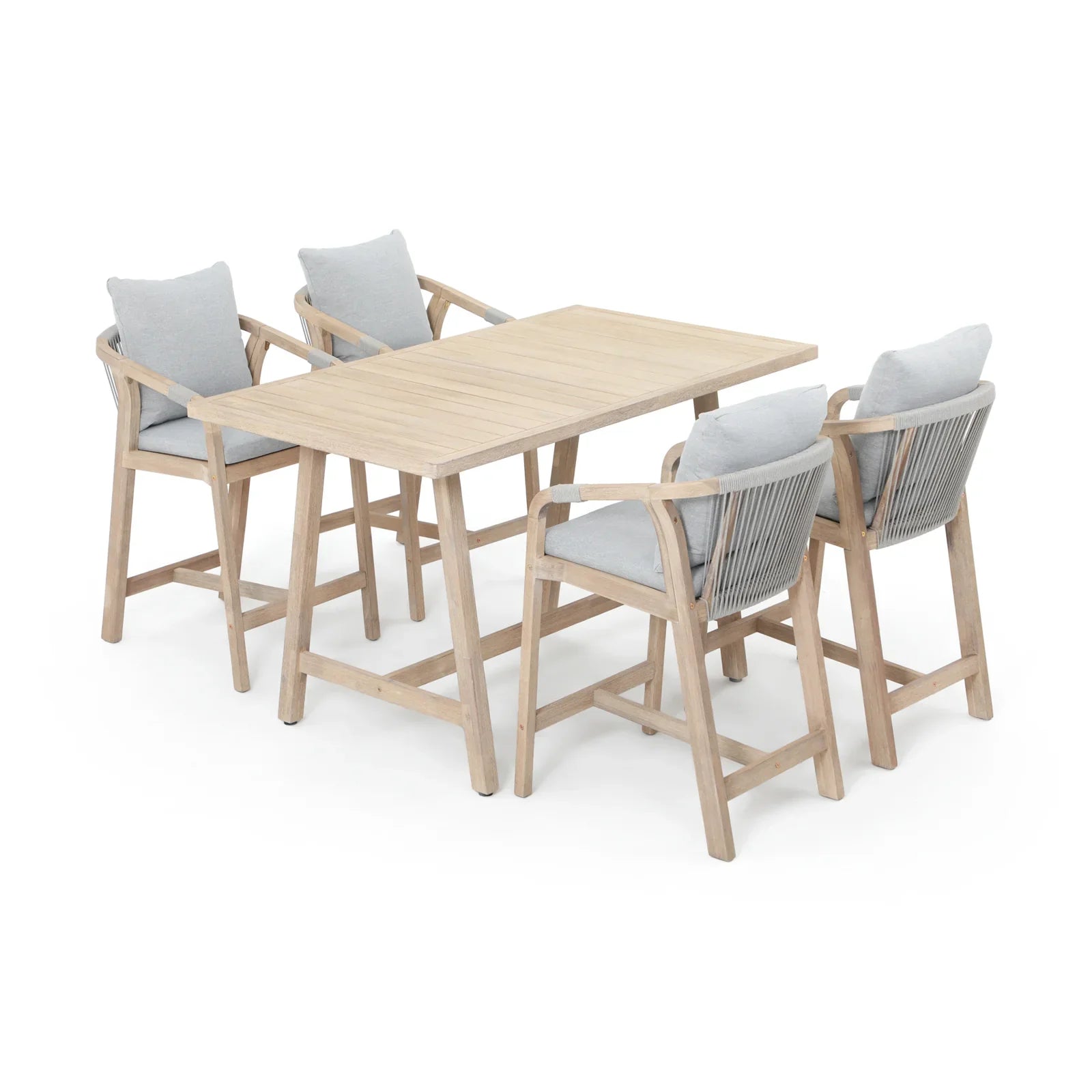 Wooden Outdoor Patio Bar Set For 4, a rectangular acacia wood bar table and 4 patio bar height chairs with gray cushions, gray rope design - Jardina Premium Modern Outdoor Patio Furniture Set
