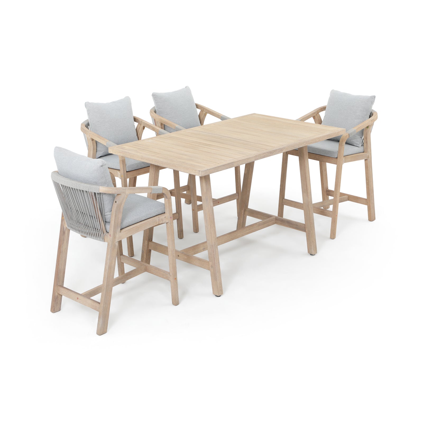 Wooden Outdoor Patio Bar Set, a rectangular acacia wood bar table and 4 patio bar height chairs with gray cushions, gray rope design - Jardina Premium Modern Outdoor Patio Furniture Set