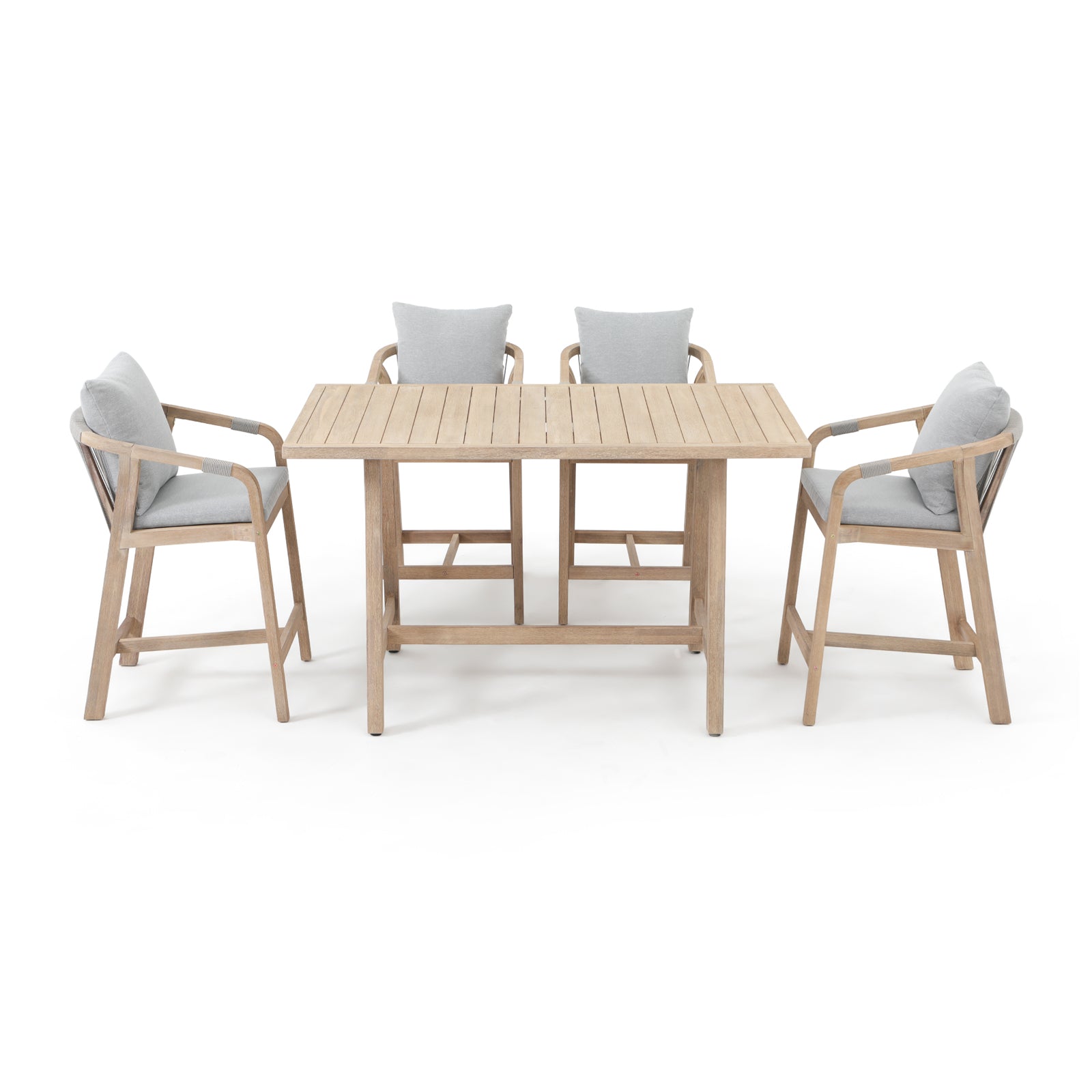 Wooden Outdoor Patio Bar Set, a rectangular acacia wood bar table and 4 patio bar height chairs with gray cushions, gray rope design - Jardina Premium Modern Outdoor Patio Furniture Set