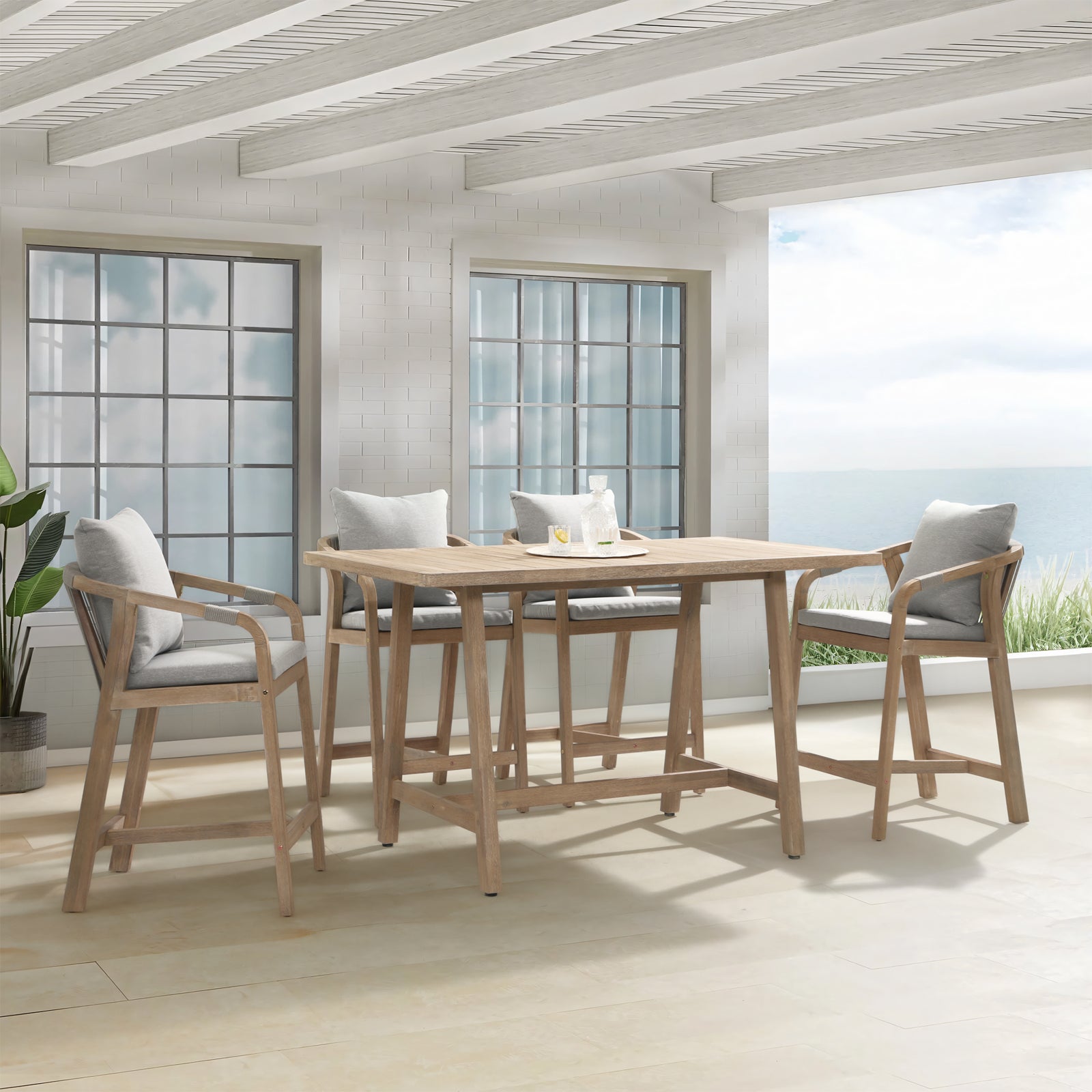 Wooden Outdoor Patio Bar Set, a rectangular acacia wood bar table and 4 patio bar height chairs with gray cushions, gray rope design - Jardina Premium Modern Outdoor Patio Furniture Set