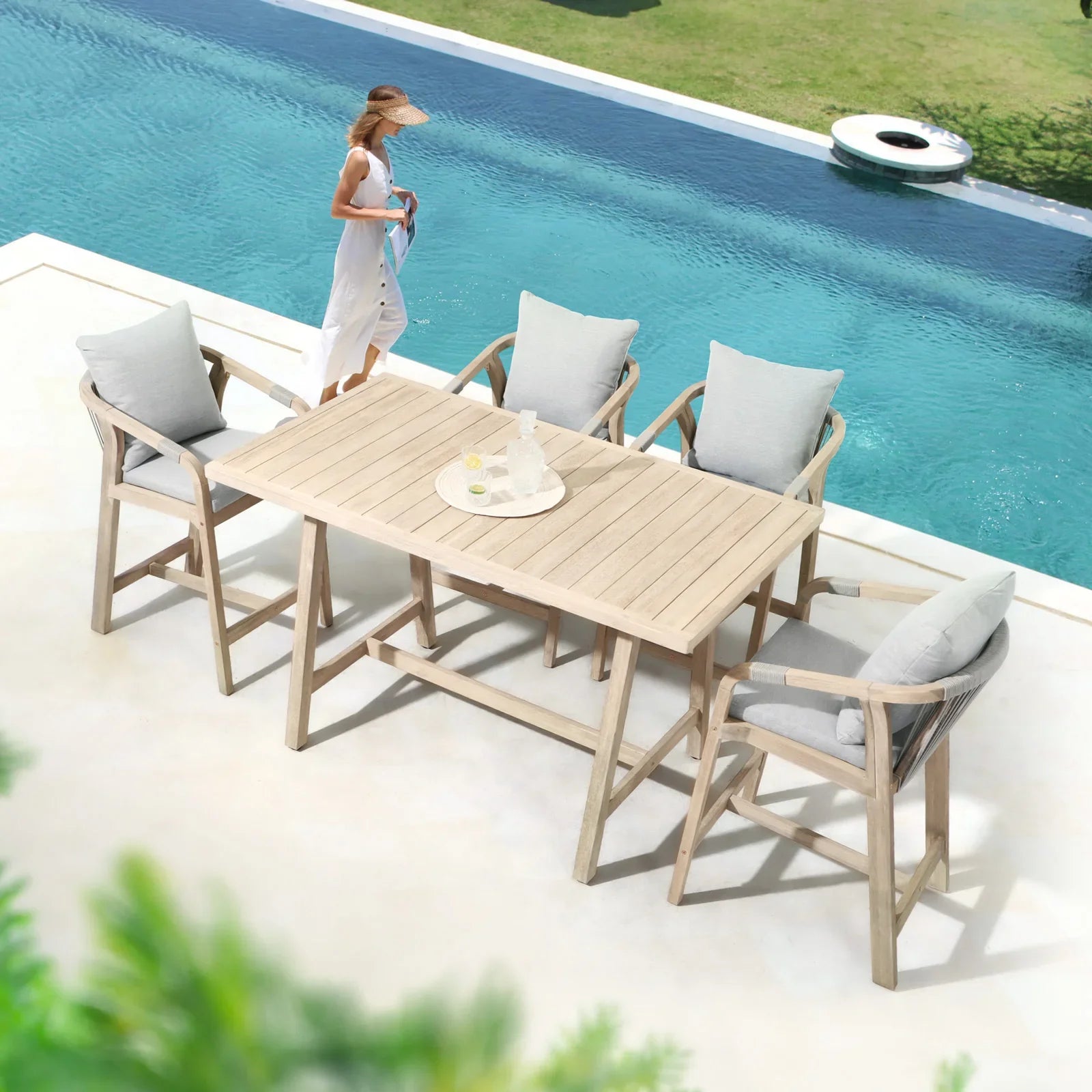 Wooden Outdoor Patio Bar Set, a rectangular acacia wood bar table and 4 patio bar height chairs with gray cushions, gray rope design - Jardina Premium Modern Outdoor Patio Furniture Set