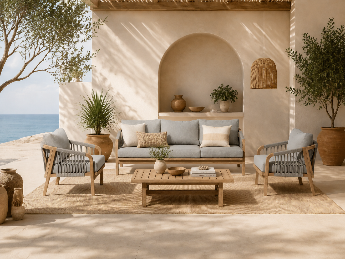 Thalea Textured 5-Seater Wooden Outdoor Conversation Sofa Set