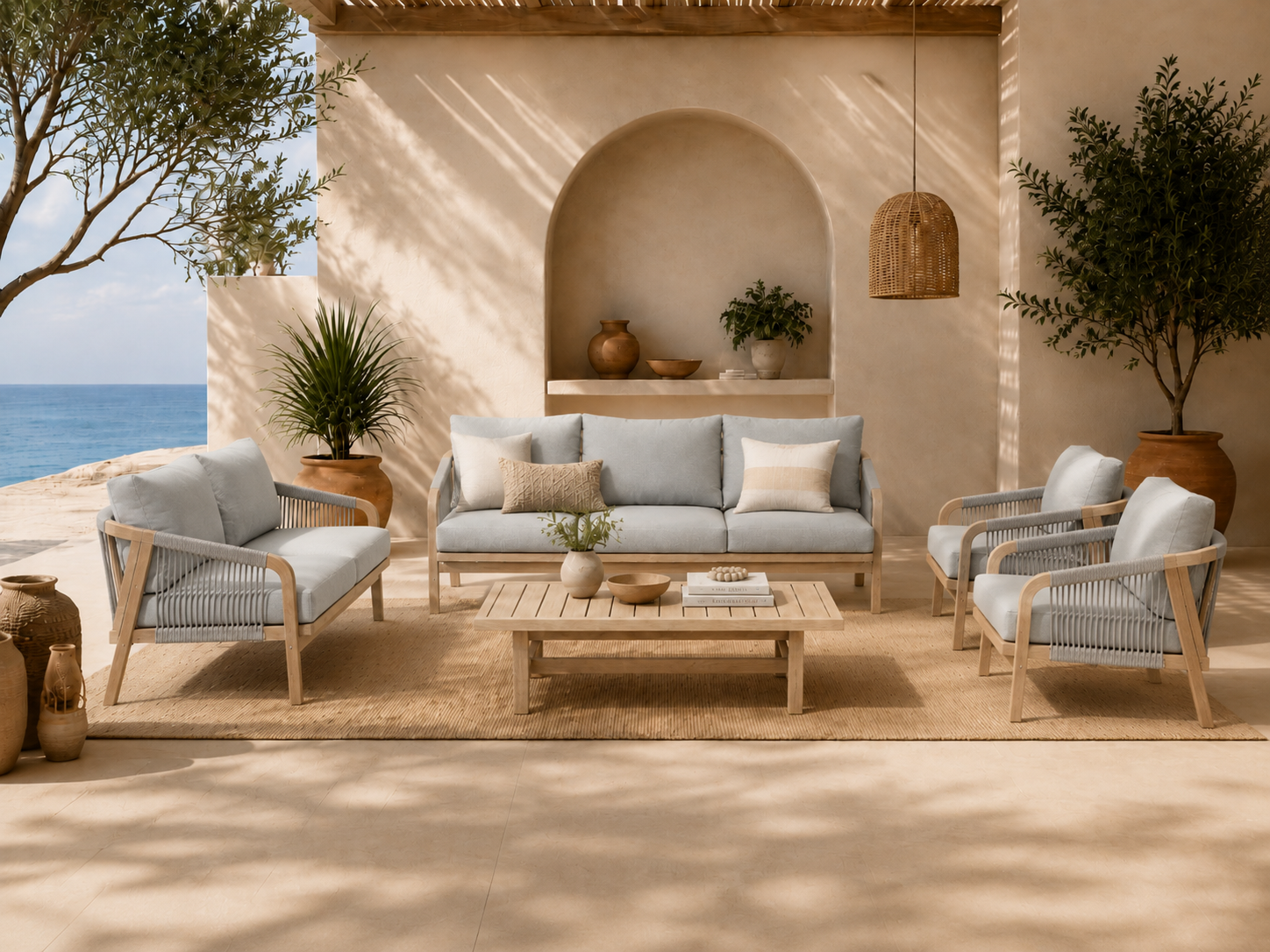 Thalea Textured 7 Seats Wooden Patio Conversation Set with Coffee Table