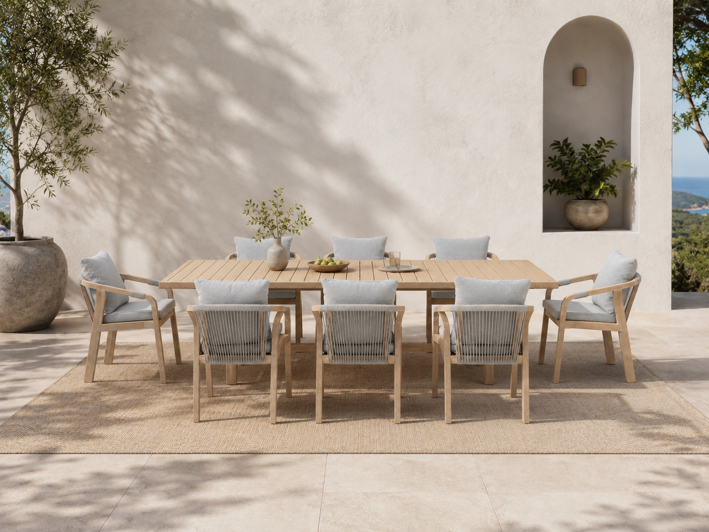 Thalea Textured Rectangular Wooden Patio Dining Set for 8 People, 90.6"