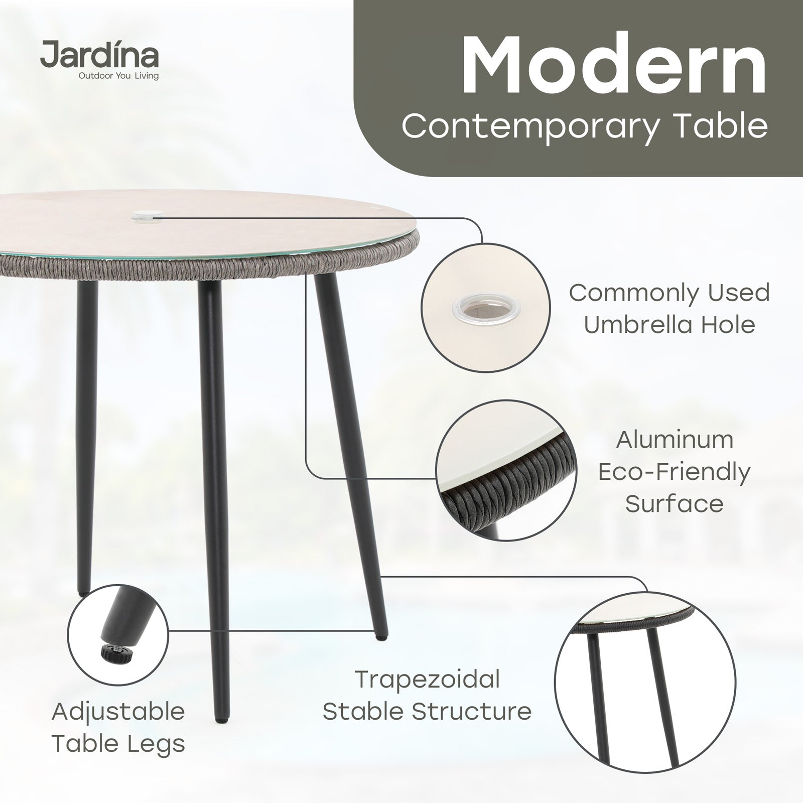 modern outdoor dining table with grey wicker and unbrella hole, glass top, aluminum frame