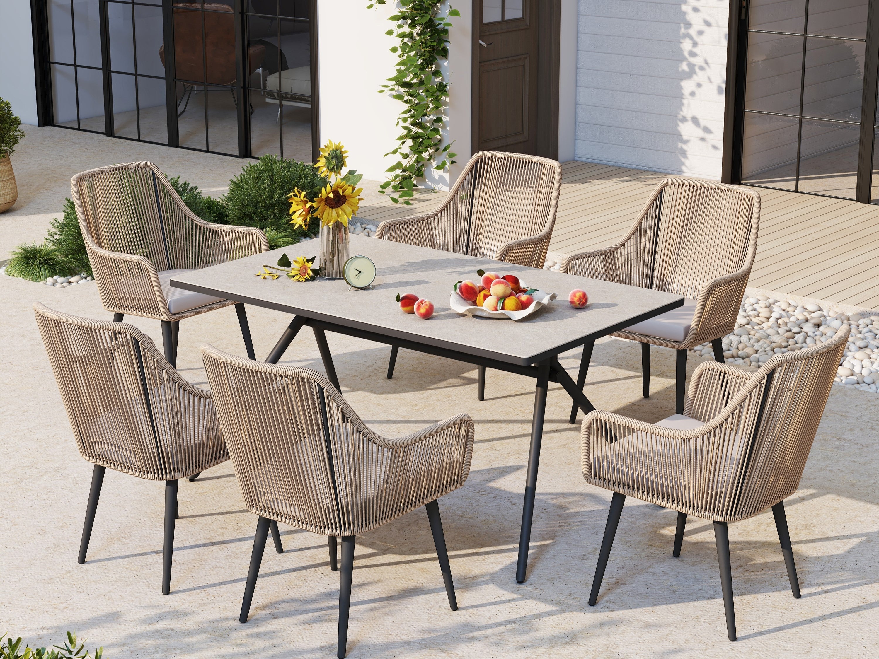 Hallerbos Wicker Outdoor Dining Set for 6 with Rectangular Table, Y Leg Table, 59''