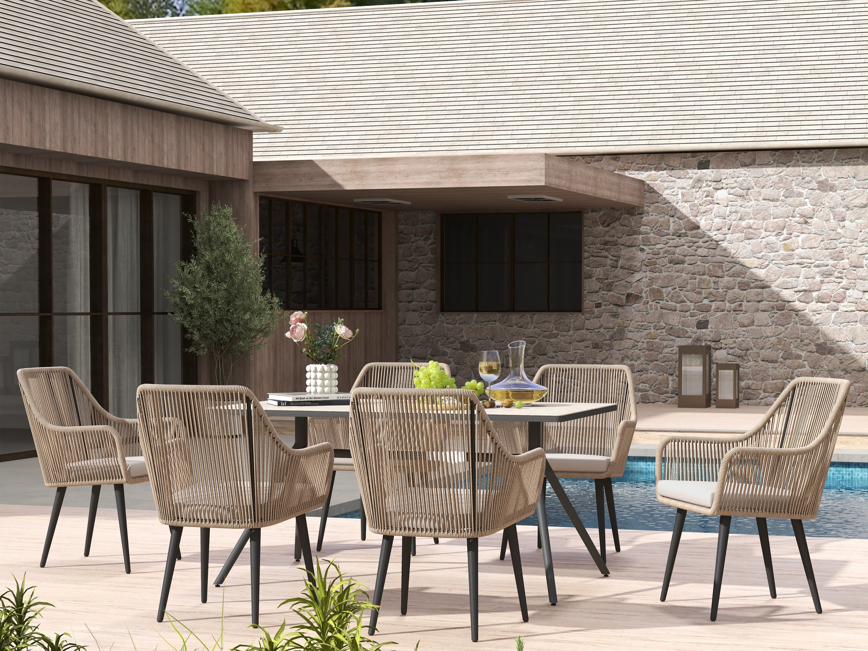 Hallerbos Wicker Outdoor Dining Set for 6 with Rectangular Table, Y Leg Table, 59''