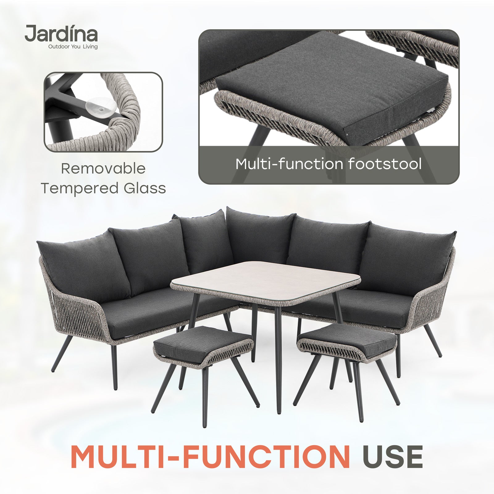 gray wicker outdoor L-shaped outdoor seating set with dining table