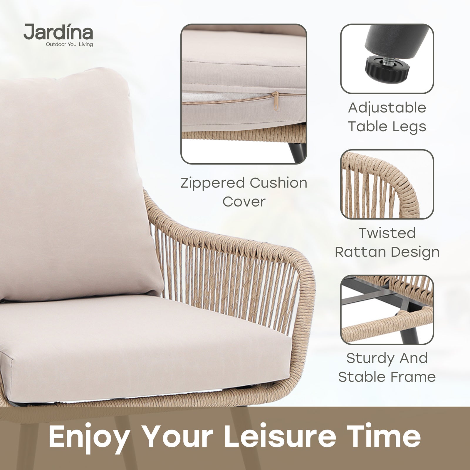 beige modern wicker outdoor chairs with cushion, details