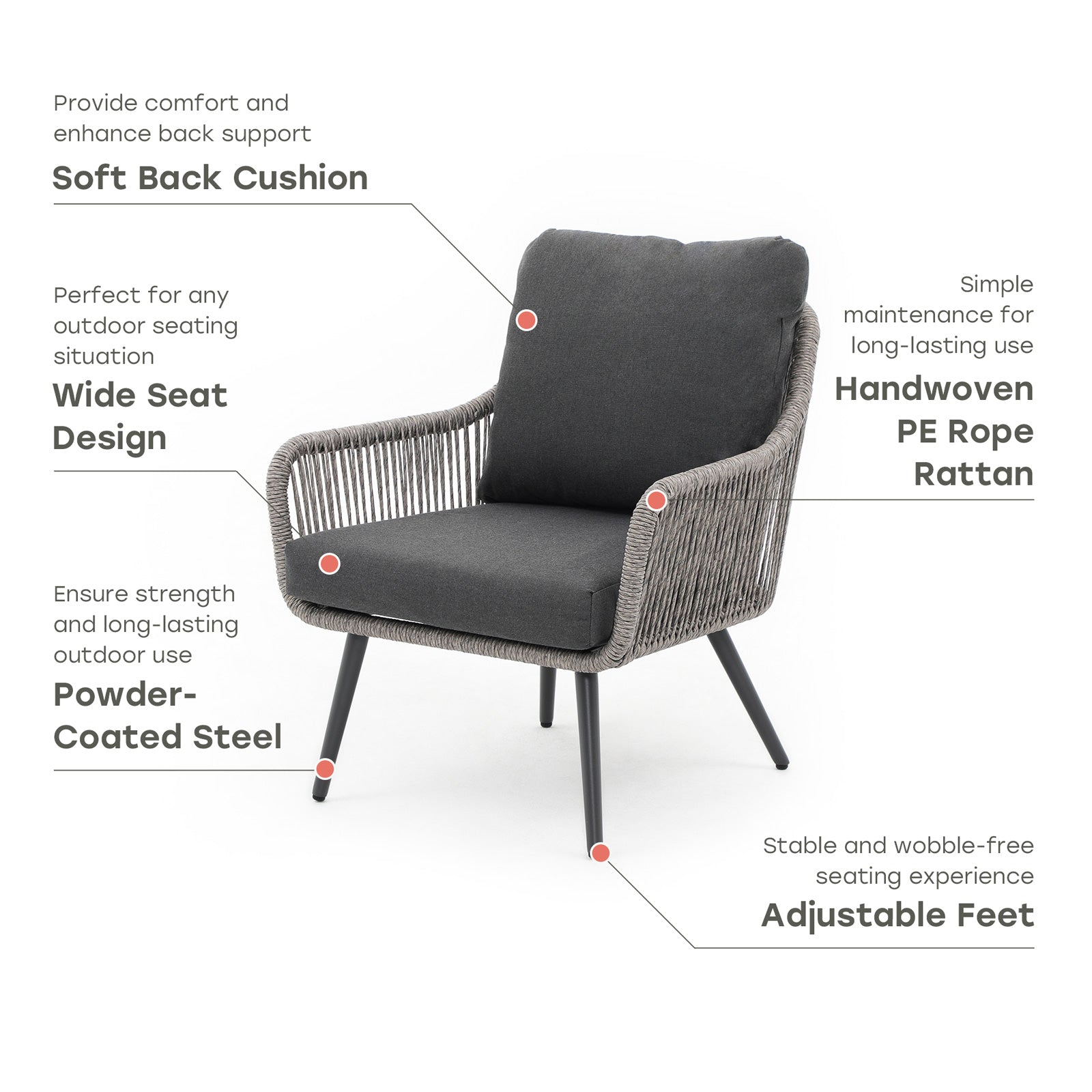 Hallerbos grey Wicker Lounge Chairs with Twisted Rattan design, steel frame, grey cushions, side view - Jardina Furniture#Color_Grey