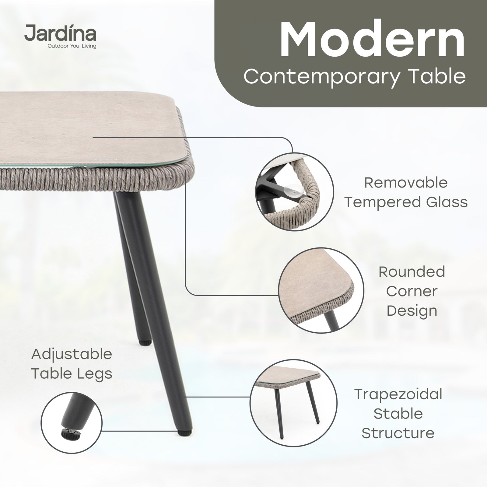 beige modern outdoor dining table with tempered glass top and aluminum frame