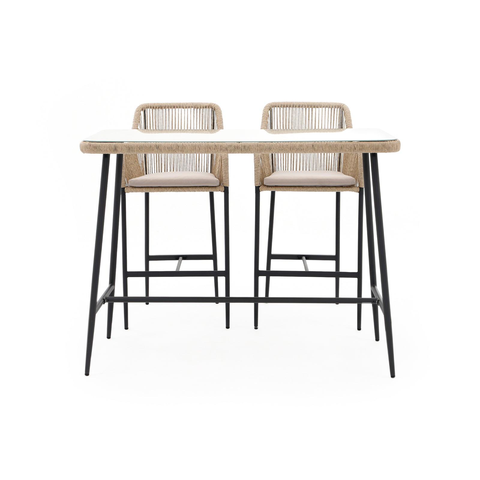 Hallerbos Modern wicker furniture, natural rattan outdoor bar set with steel frame, front - Jardina Furniture