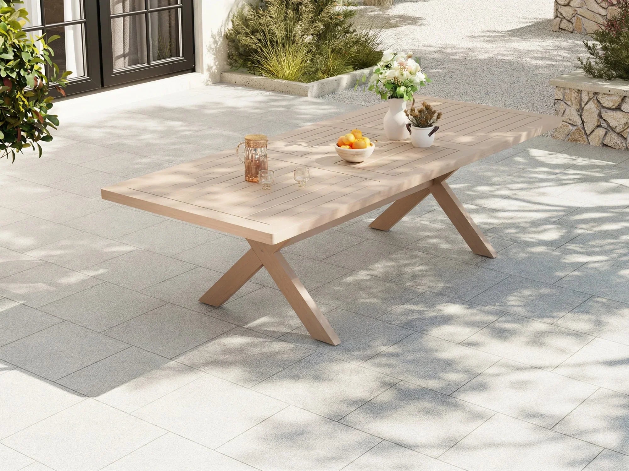 Eucalyptus Wood Extendable Outdoor Dining Table for 4-6 people with x-shaped legs - Jardina Premium Modern Outdoor Dining Furniture