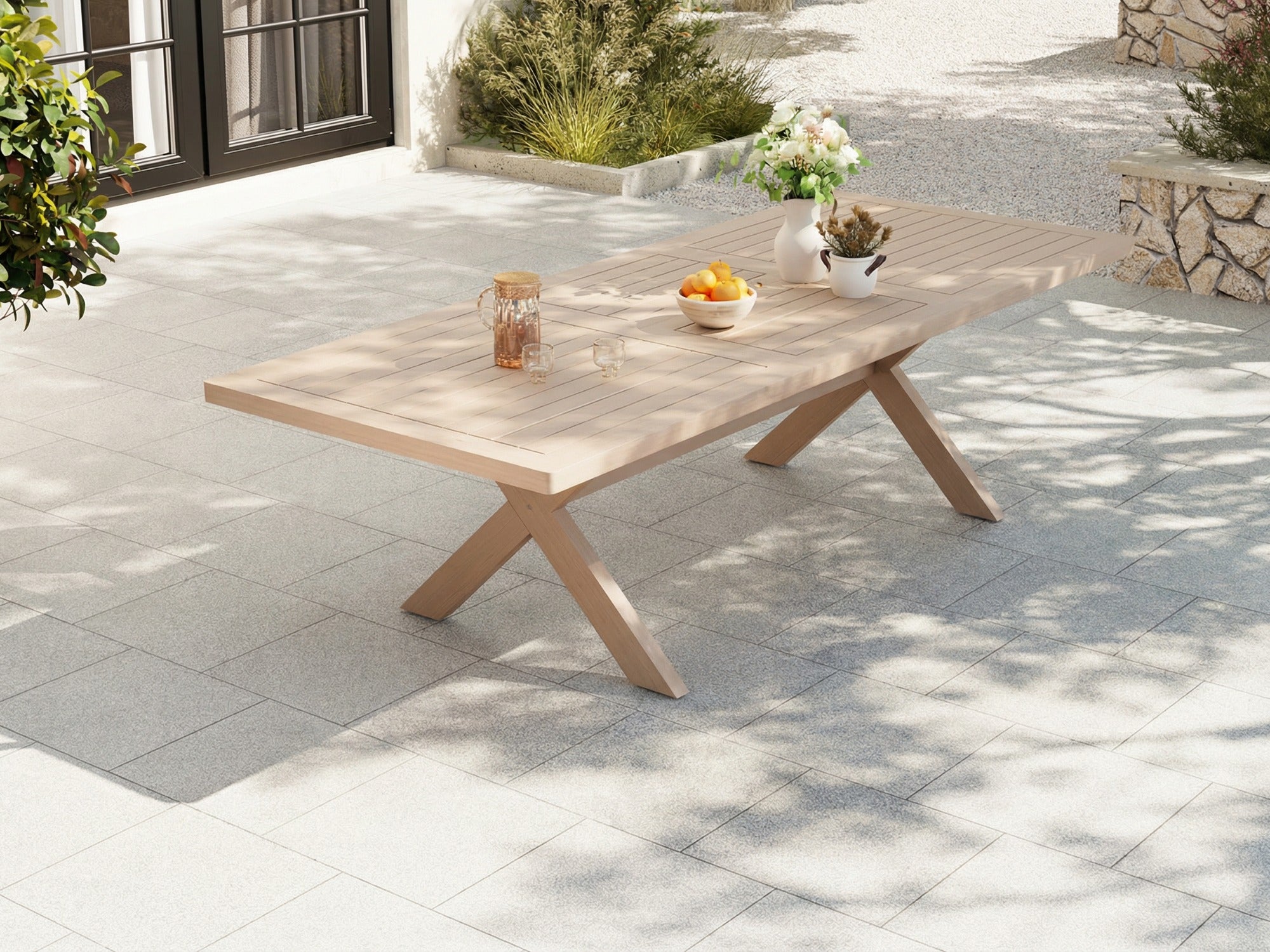 Eucalyptus Wood Extendable Outdoor Dining Table for 4-6 people with x-shaped legs - Jardina Premium Modern Outdoor Dining Furniture