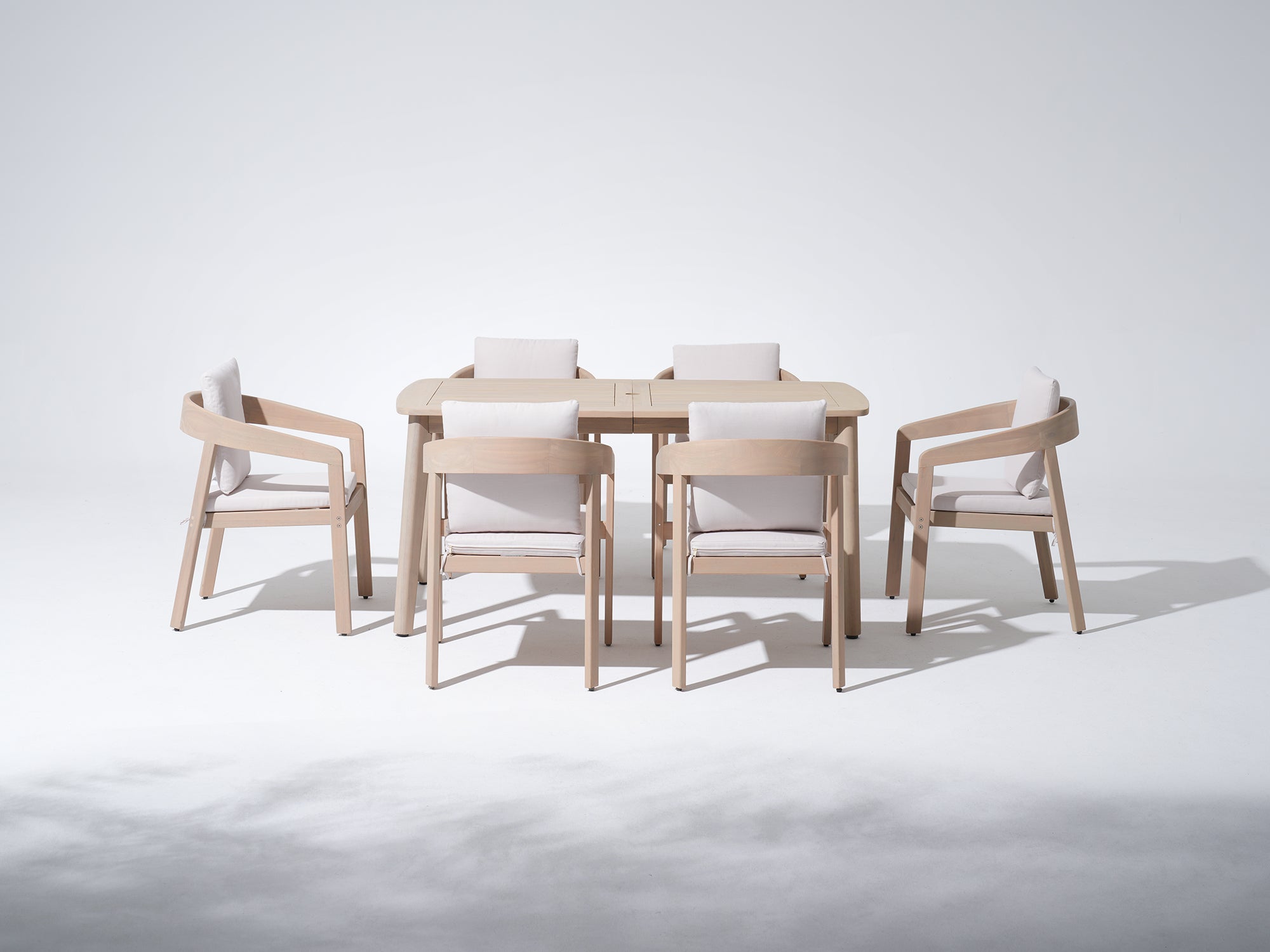 Outdoor Eucalyptus Wood Dining Set for 6 People with Rope Design Chairs & Umbrella Hole , 63" Tapered Legs - Jardina Premium Modern Outdoor Dining Furniture