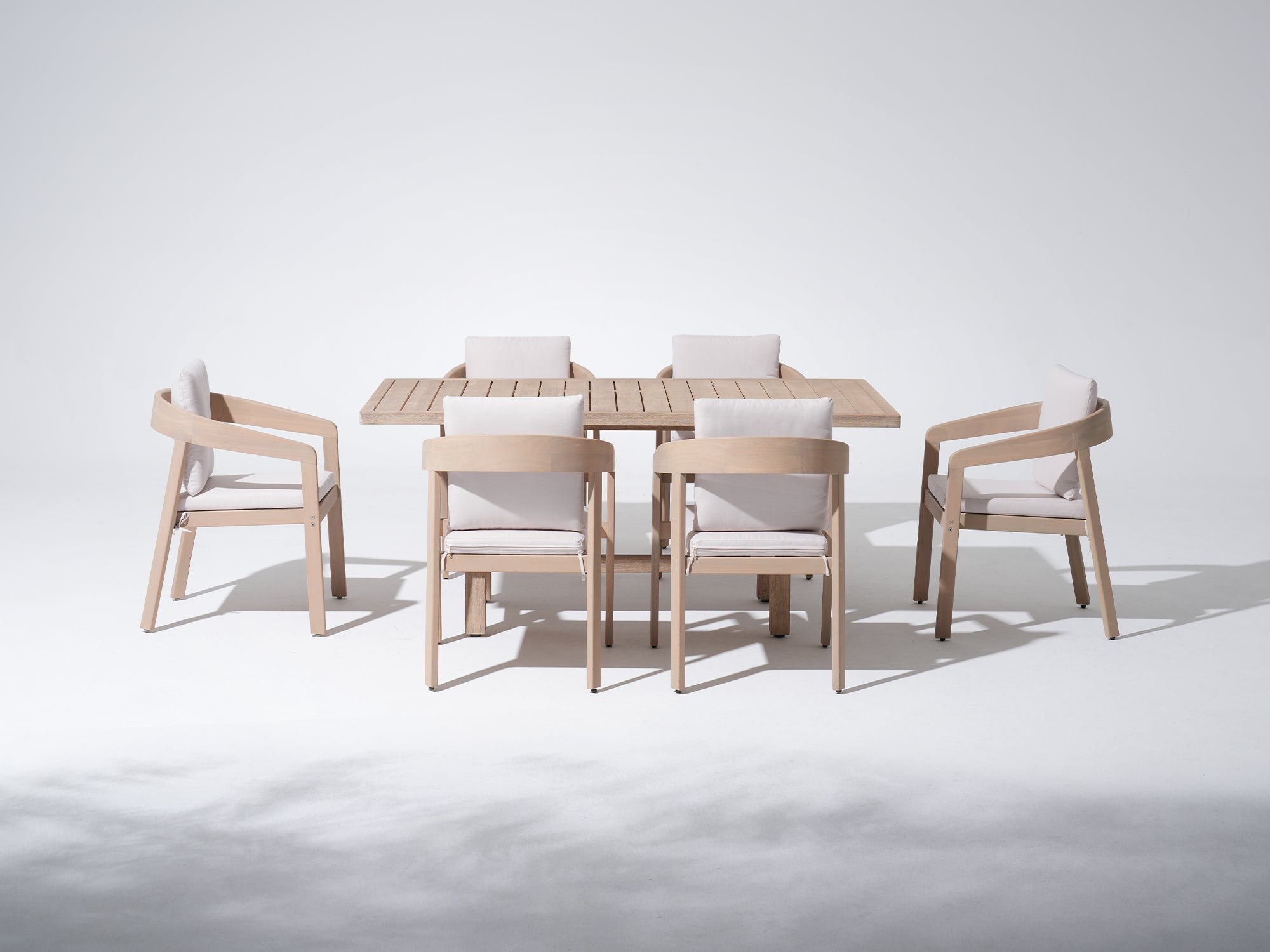 Eucalyptus Wooden Outdoor Dining Set for 6 People with White Cushion, 67" table - Jardina Premium Modern Outdoor Dining Furniture
