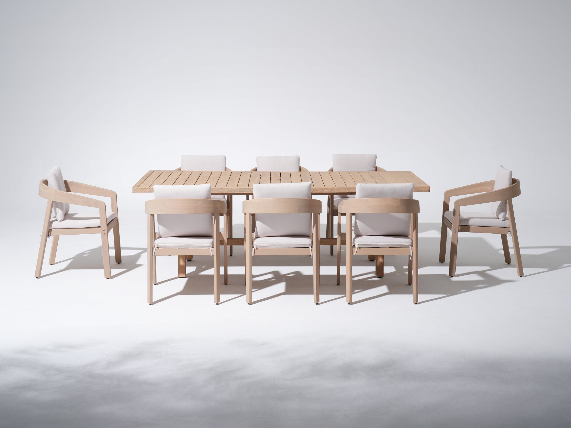 Eucalyptus Wooden Dining Set with Umbrella Hole, White Cushions for 8 People, 90.6" - Jardina Premium Modern Outdoor Dining Furniture