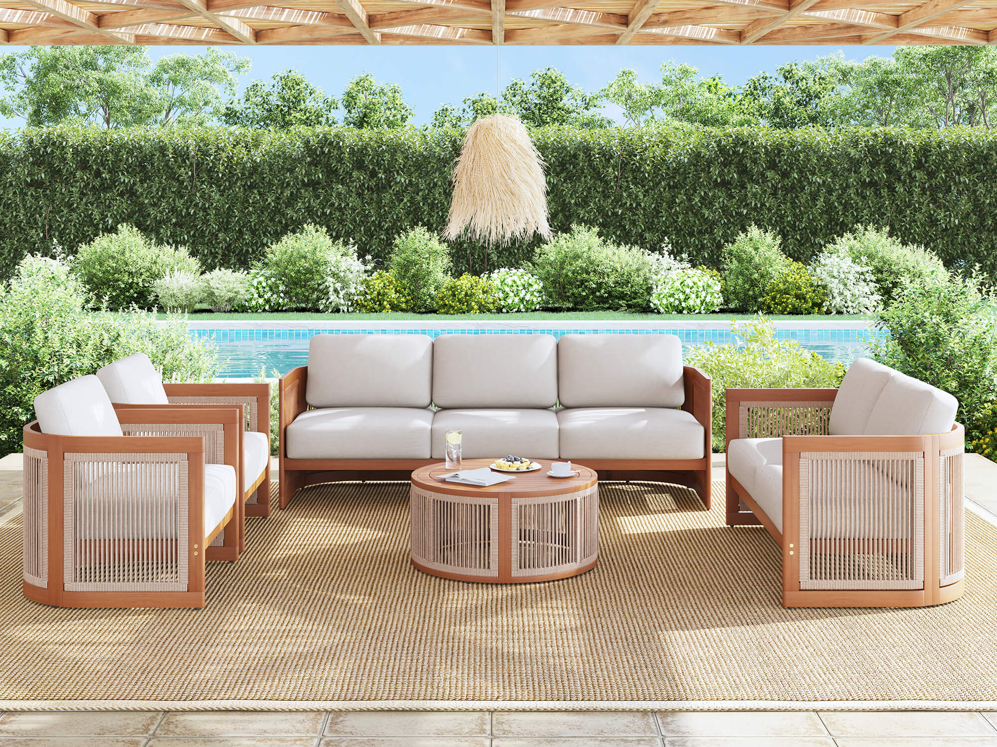 7 seats wood and rope outdoor conversation furniture sets with round coffee table- Jardina Modern Premium Patio Outdoor Furniture#Size_5-pc