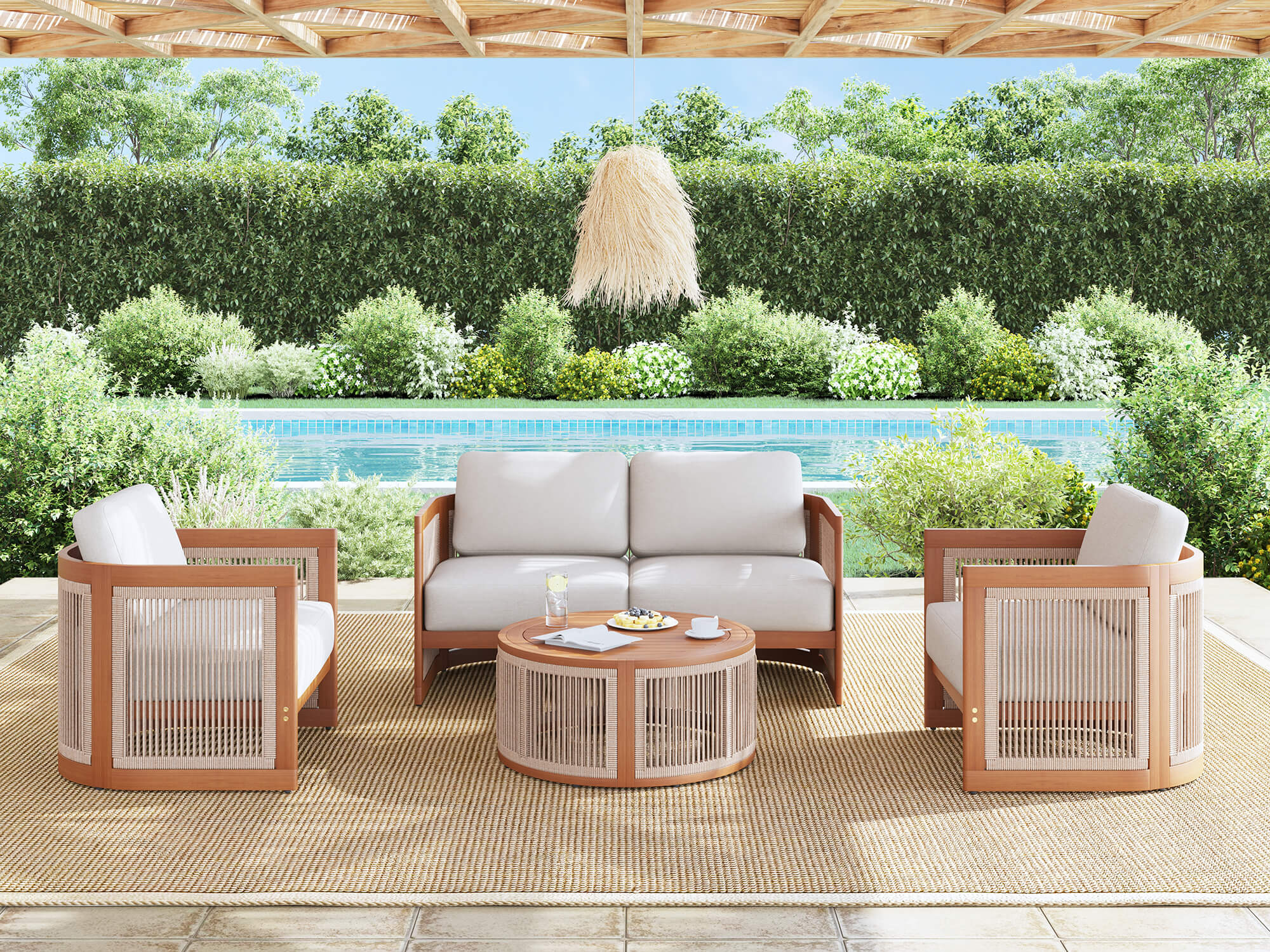 4 seats outdoor patio conversation furniture sets with wooden frame and woven rope design, a loveseat, two chairs, a round coffee table- Jardina Modern Premium Patio Outdoor Furniture #Size_4-pc with Loveseat