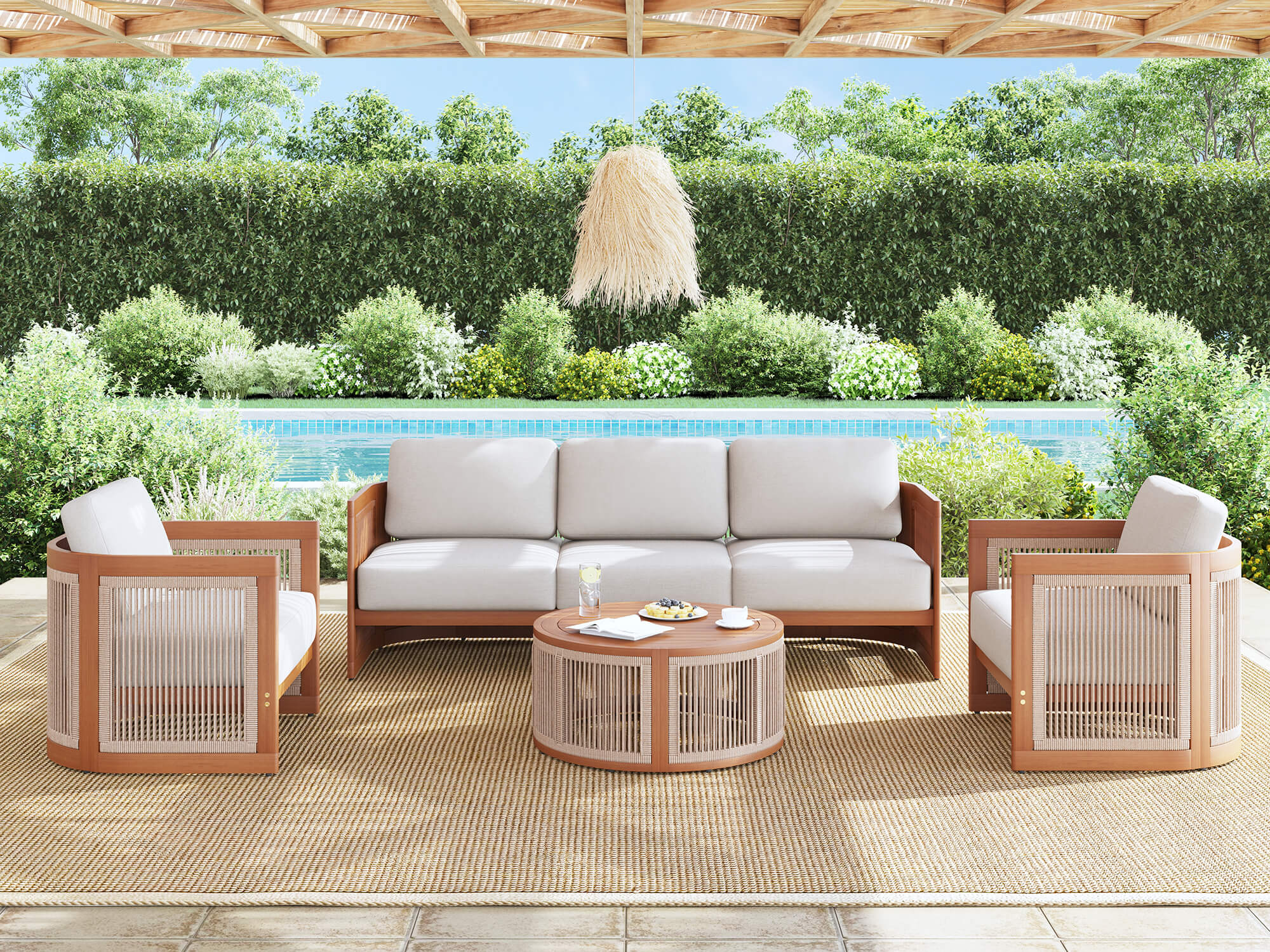 4pcs outdoor patio conversation furniture lounge sets with acacia wooden frame and woven rope design- Jardina Modern Premium Patio Outdoor Furniture #Size_4-pc with Sofa