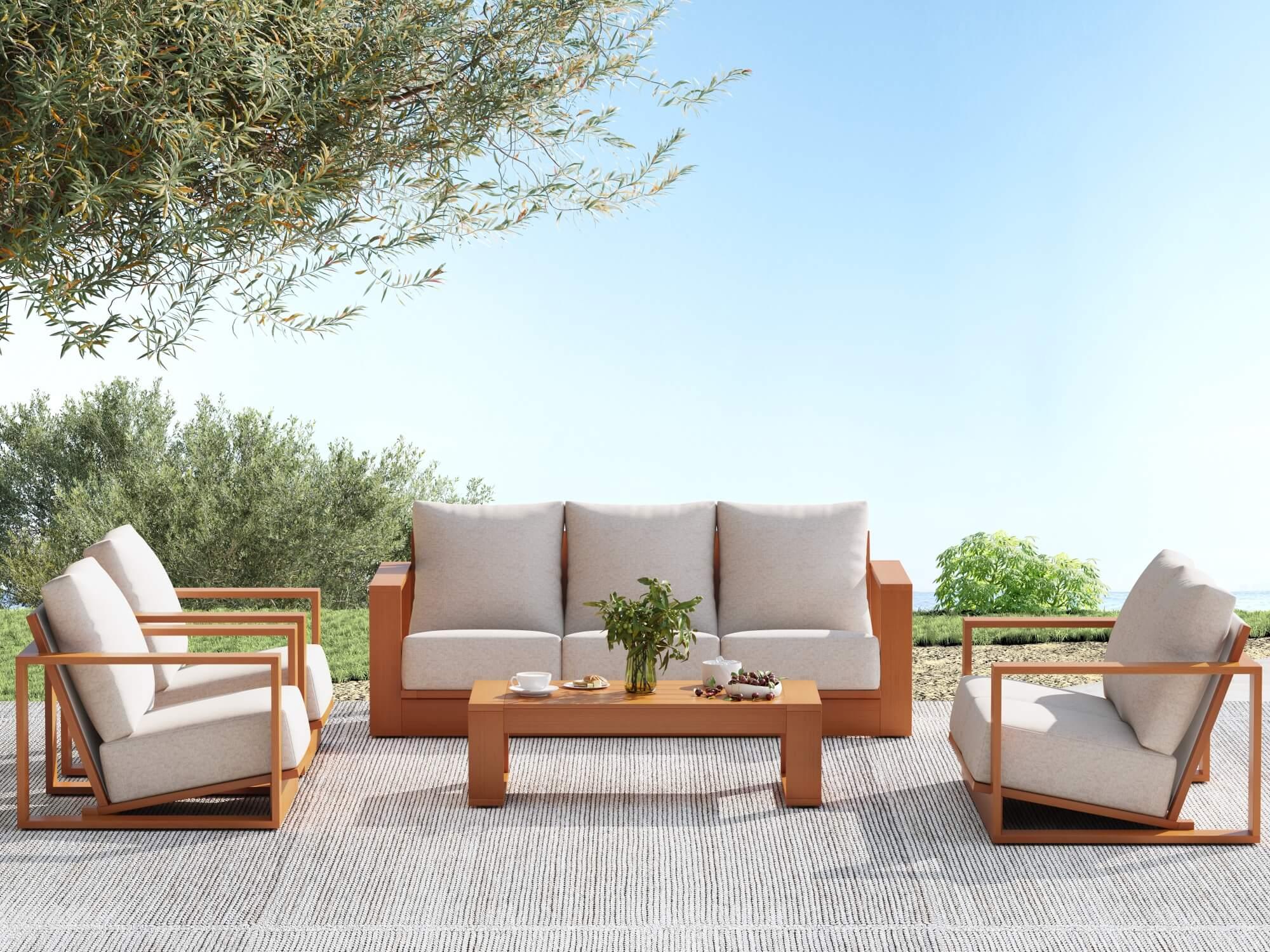 7 seats Outdoor furniture conversation set with Eucalyptus wooden frames and beige cushions - Jardina Modern Premium Outdoor Patio Furniture Set