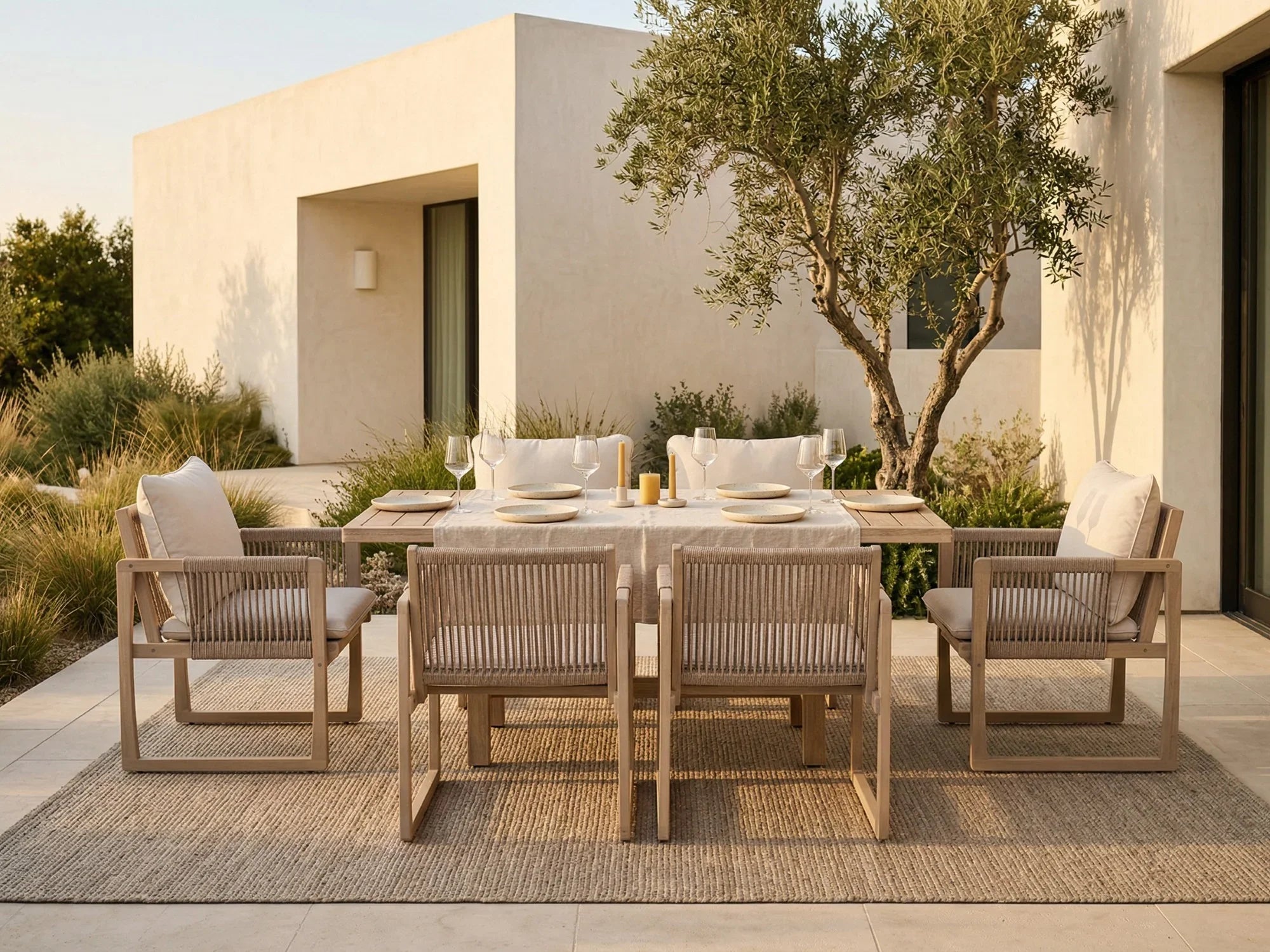 acacia Wooden Outdoor Dining Set with White Cushion for 6 People, Rope Design, 67" Table - Jardina Premium Modern Outdoor Dining Furniture