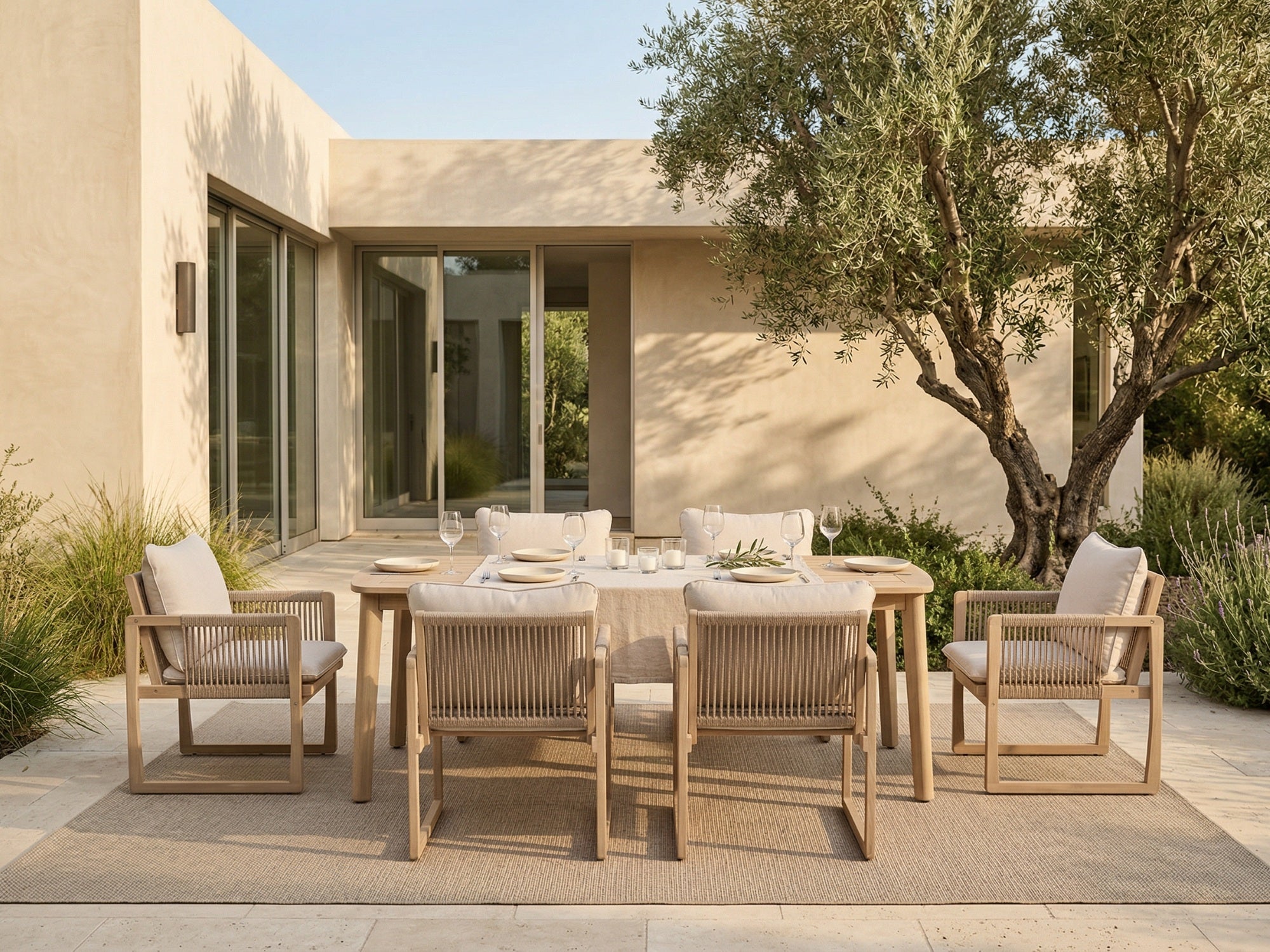 acacia wood Outdoor Wooden Dining Set with Rope Design Chairs & Umbrella Hole for 6-8 People, 83" Tapered Legs - Jardina Premium Modern Outdoor Dining Furniture