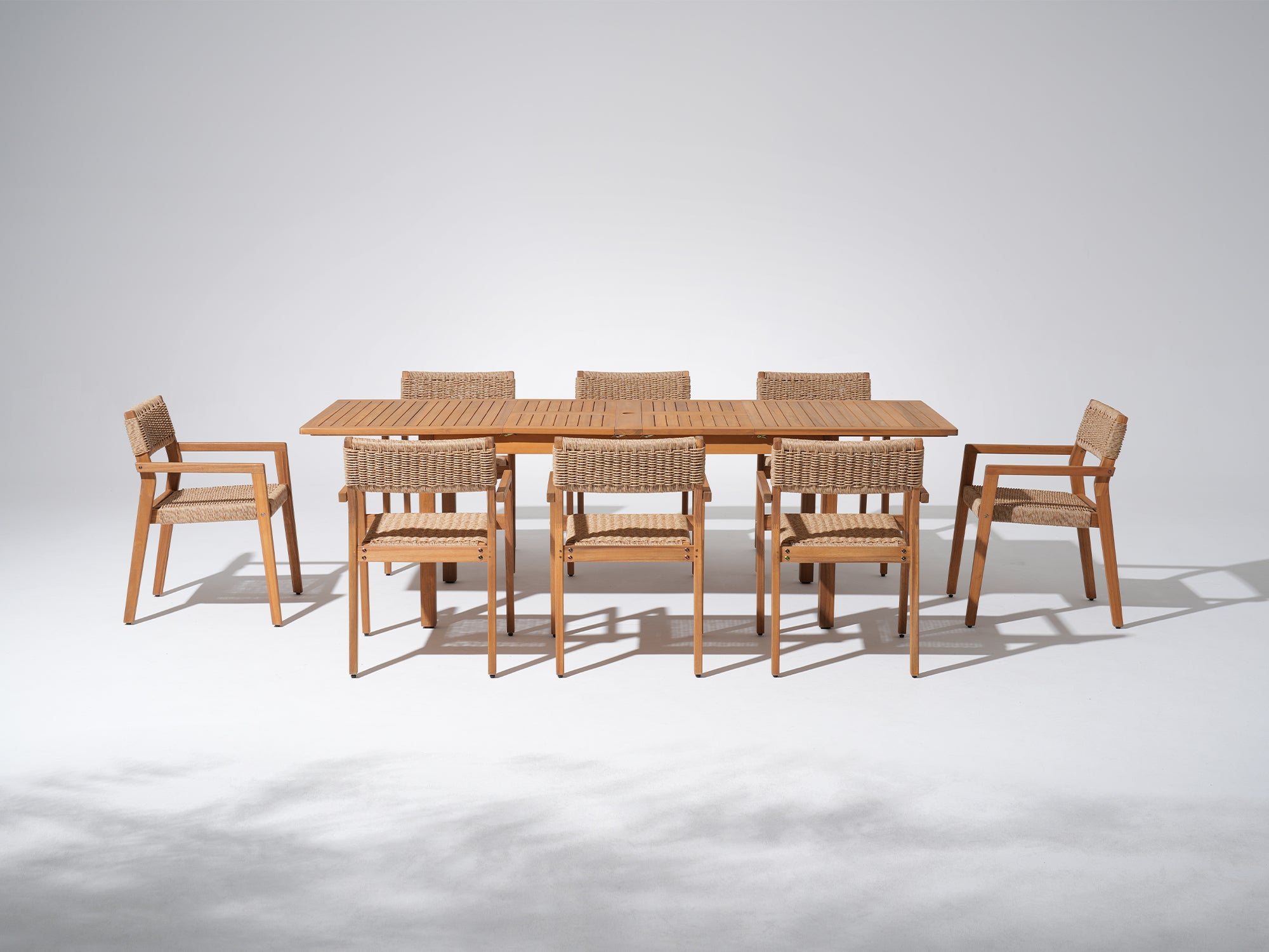 Cove Outdoor Wooden Dining Set with Ratten Arm Chairs for 8 People, Extendable Outdoor Dining Table with Umbrella Hole, 63"- 94"