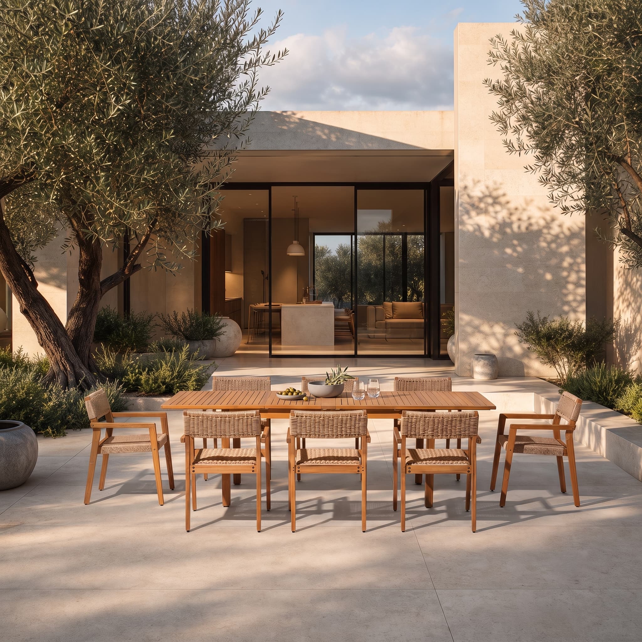 Cove Extendable Wooden Outdoor Dining Set with Rattan Arm Chairs for 8 People, Umbrella Hole, 63"- 94"