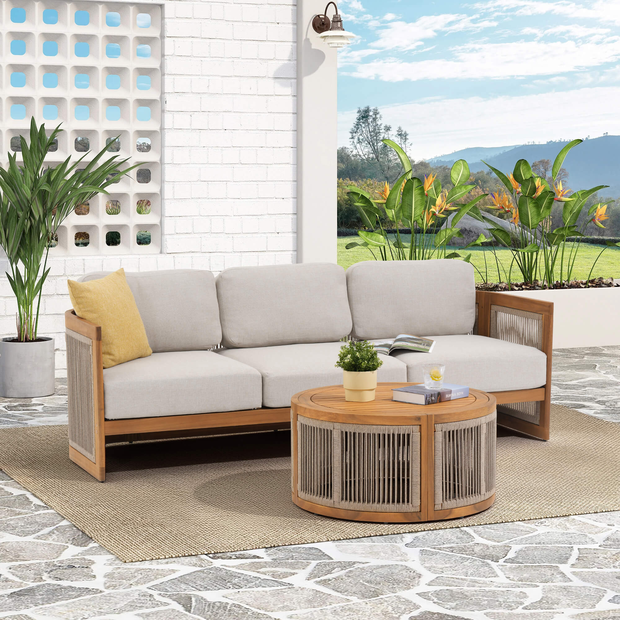 3 seats sofa set with wooden frame and woven rope design- Jardina Modern Premium Patio Outdoor Furniture#Size_2-pc with Table