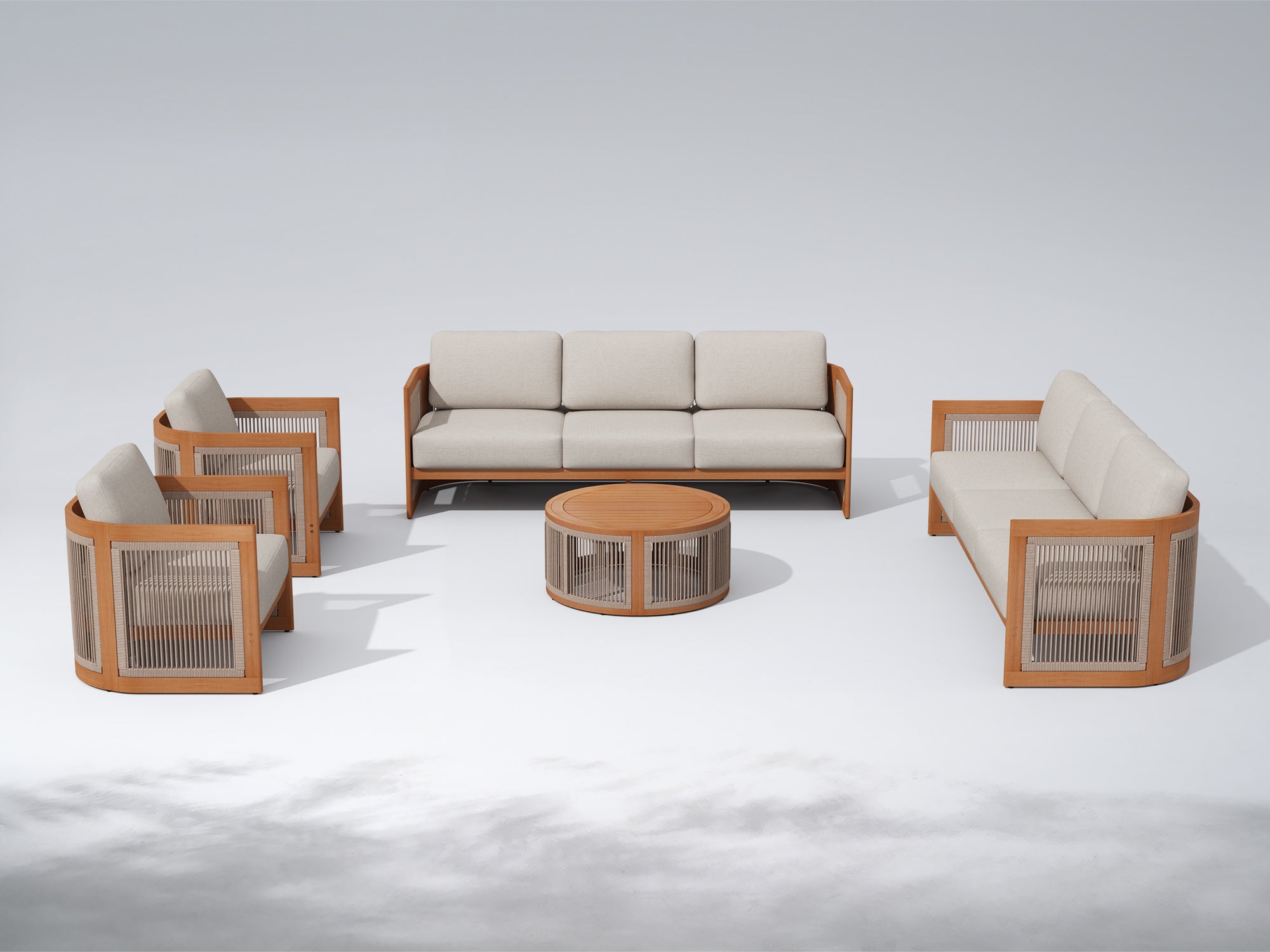 Mori Rope and Wooden Outdoor Conversation Furniture Set with 7.5'' Thick Cushions; 4-7 Seats