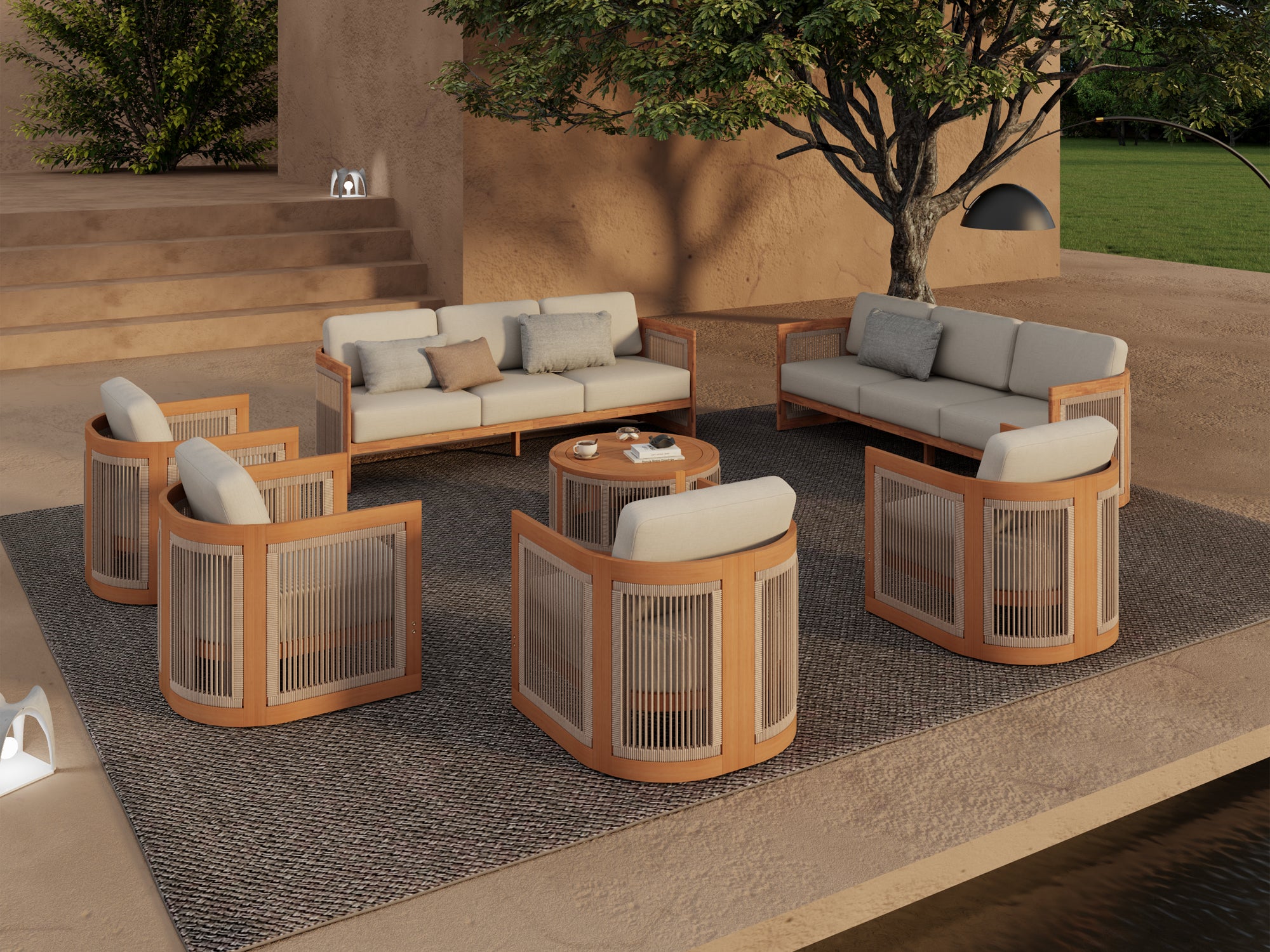 Mori Rope and Wooden Outdoor Conversation Furniture Set with 7.5'' Thick Cushions; 4-7 Seats