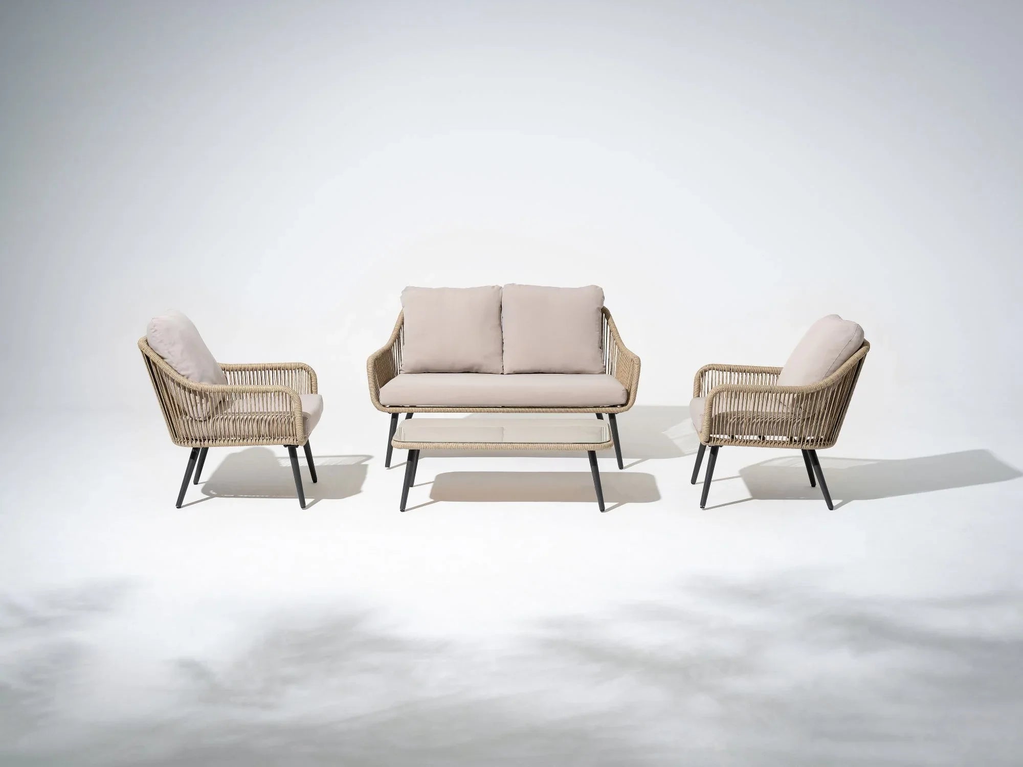 4-pcs Patio conversation seating set, dark grey steel frame, natural striped wicker design, and beige cushions, a loveset sofa, two single sofa armchairs, a rectangular coffee table with tempered glass tabletop - Jardina Premium Modern Outdoor Patio Furniture Set #Color_Natural