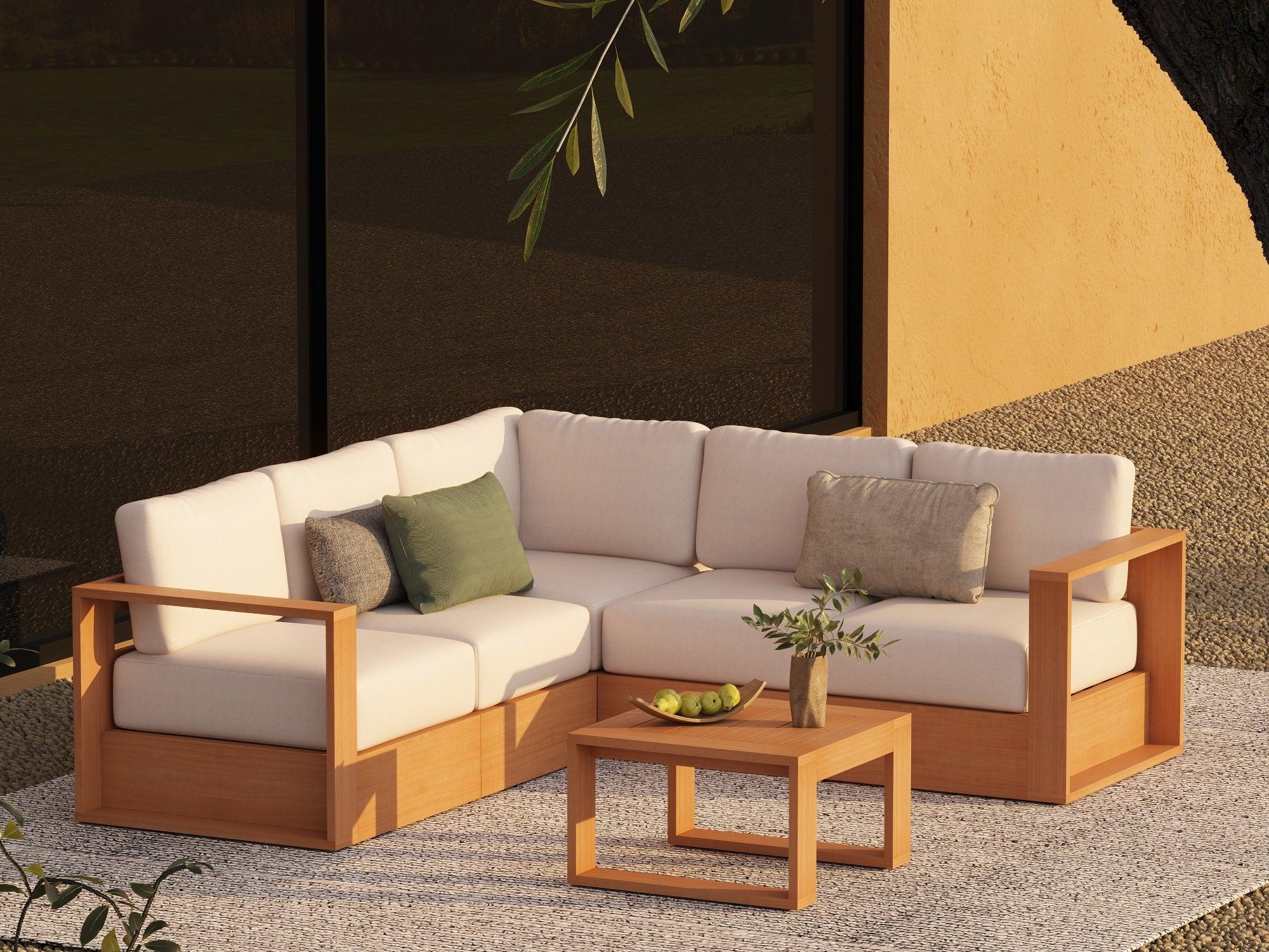 Eucalyptus Wood Outdoor furniture l-shaped sectional set with a coffee table - Jardina Modern Premium Outdoor Patio Furniture Set