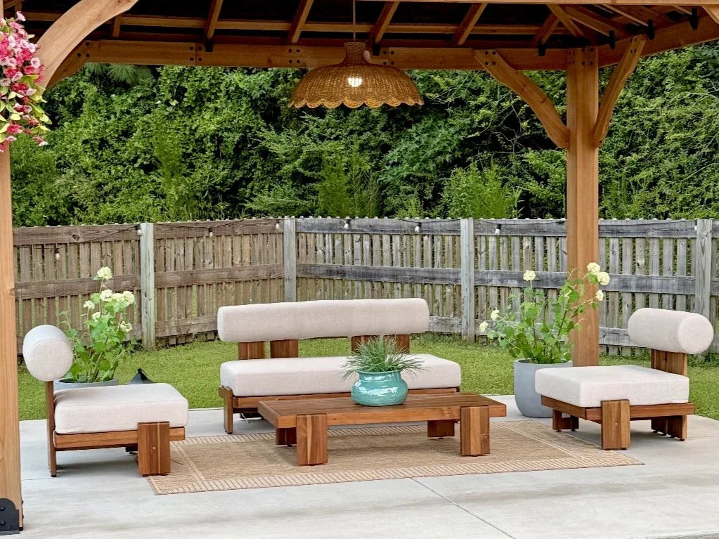 Outdoor patio lounge set with acacia wooden furniture and white cushions - Jardina Modern Premium Outdoor Patio Furniture Sets