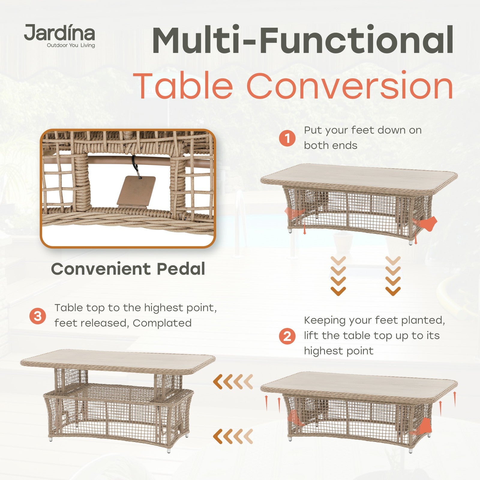 natural modern wicker outdoor lift-top table, multi-functional dining table details