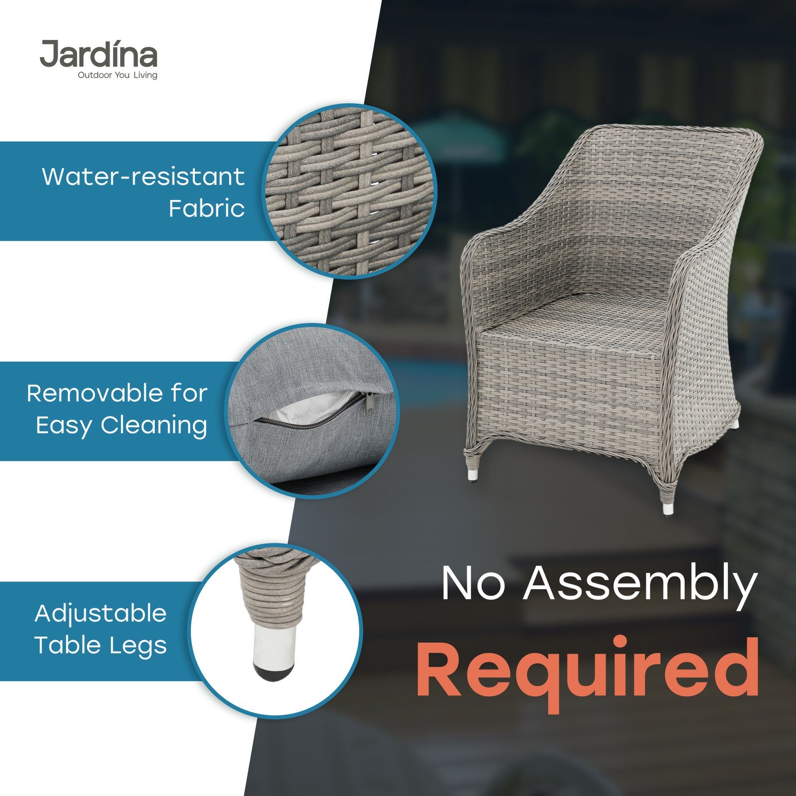 grey wicker modern outdoor dining chair details, water-resistant fabric