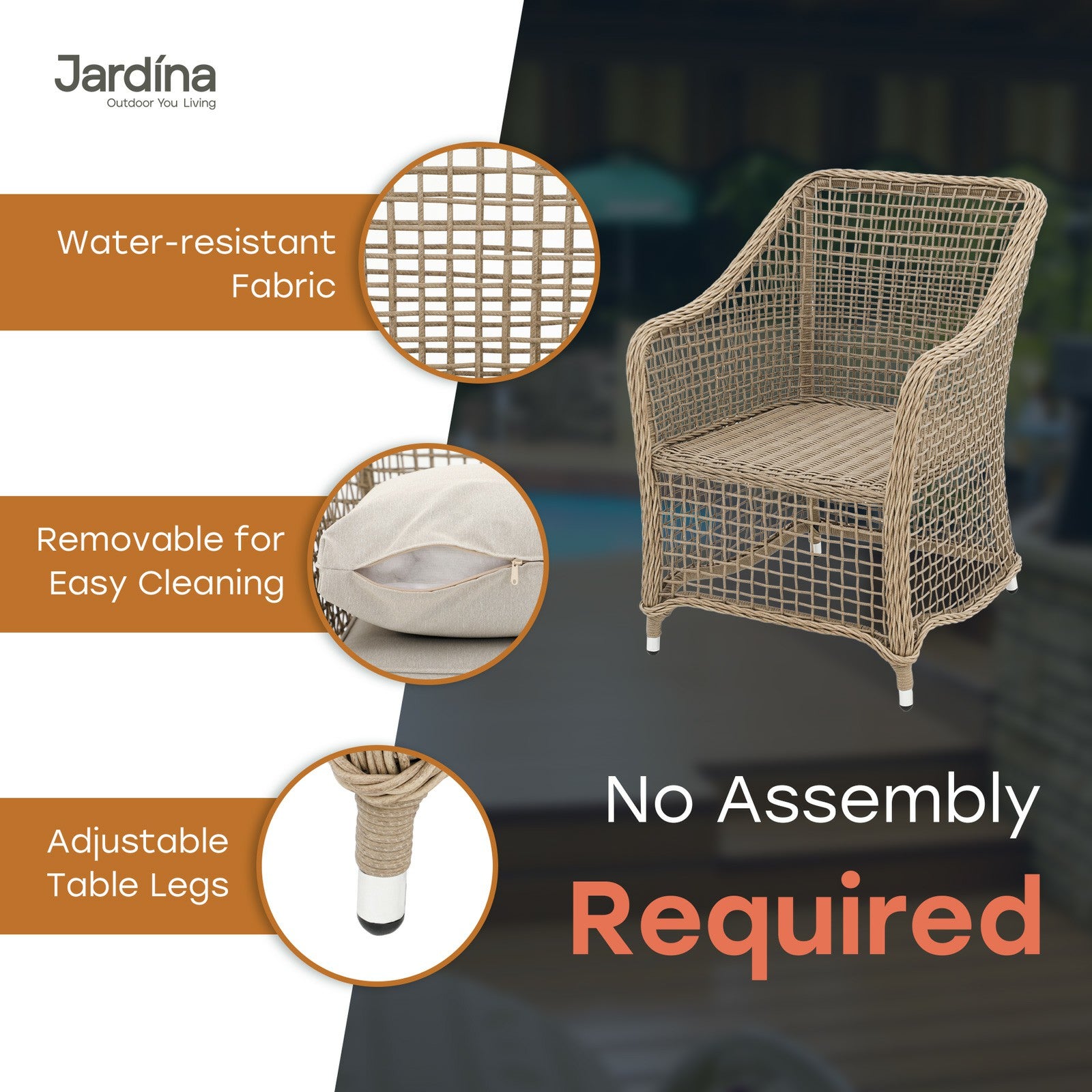 natural wicker modern outdoor dining chair details, water-resistant fabric