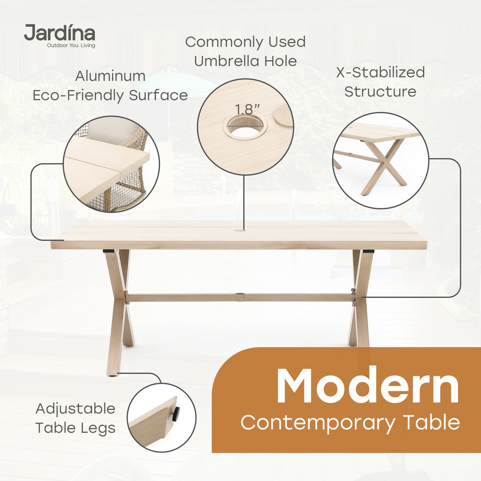 beige aluminum modern outdoor dining table with umbrella hole and x-stabilized structure details