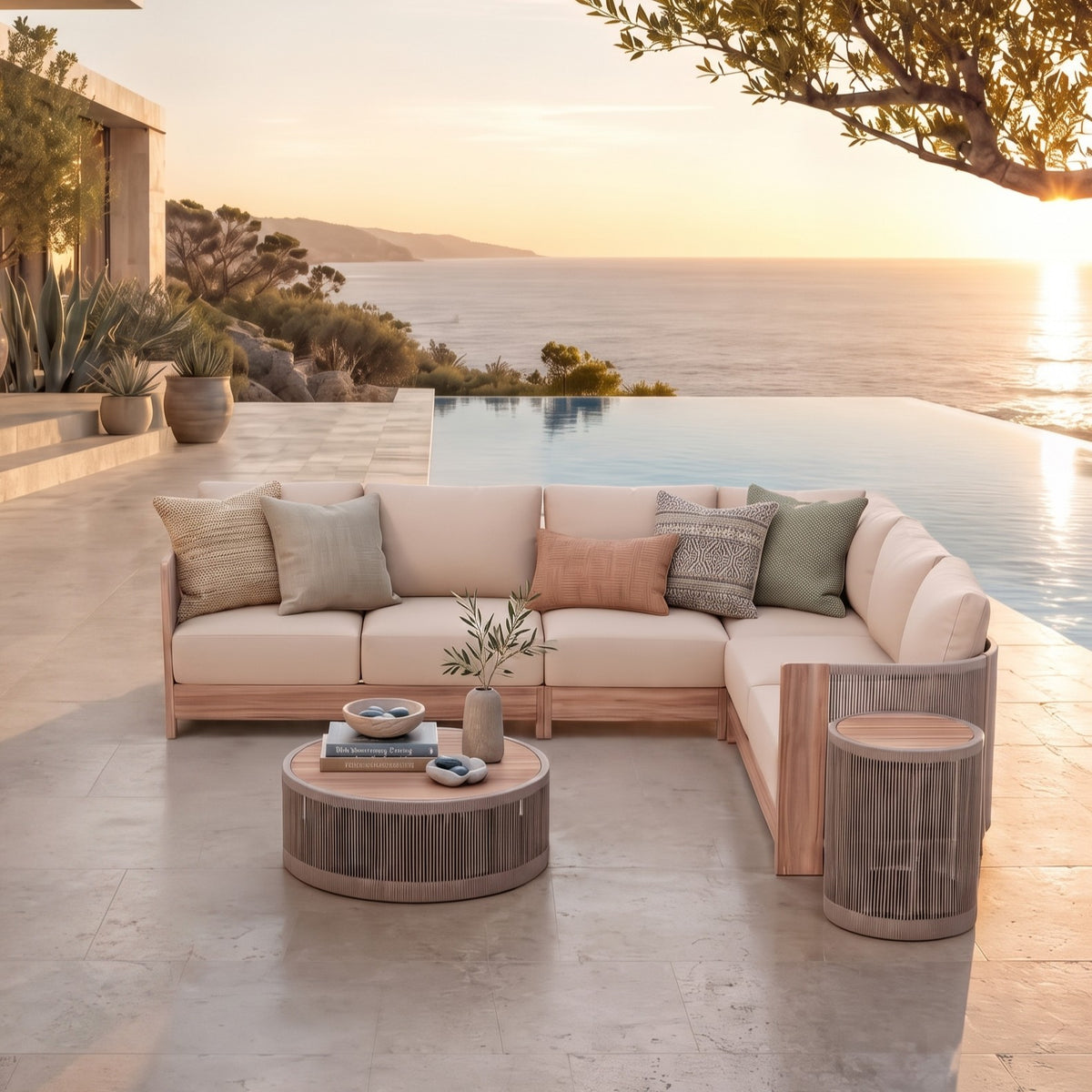L-shaped Outdoor sectional sofa set with cream cushions and light wood-look frames, aluminum and rope- Jardina outdoor modern premium patio furniture
