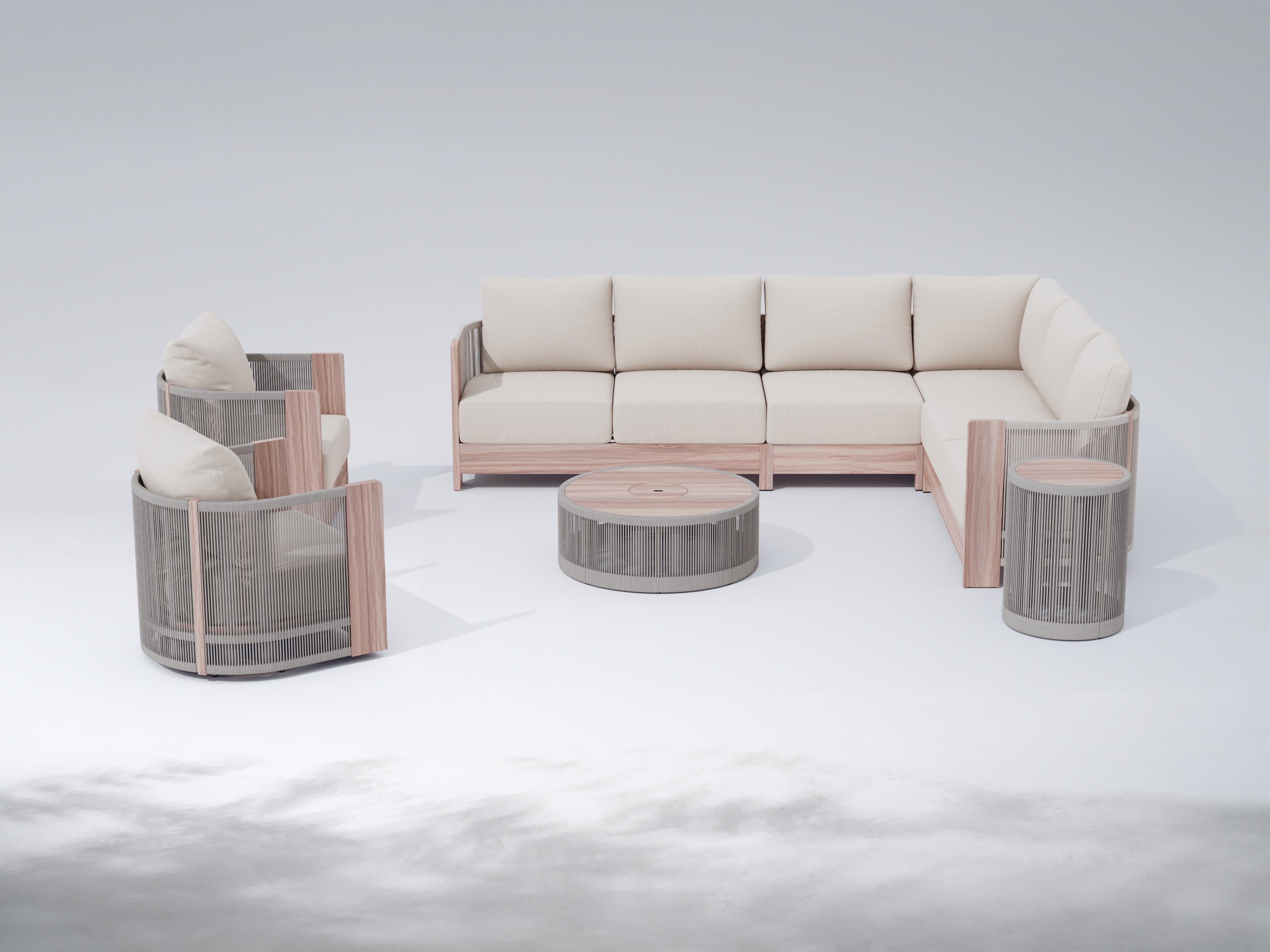 Irati Wood-Look Aluminum L-Shaped Modular Rope Outdoor Sectional Sofa Set with 2 Swivel Chairs
