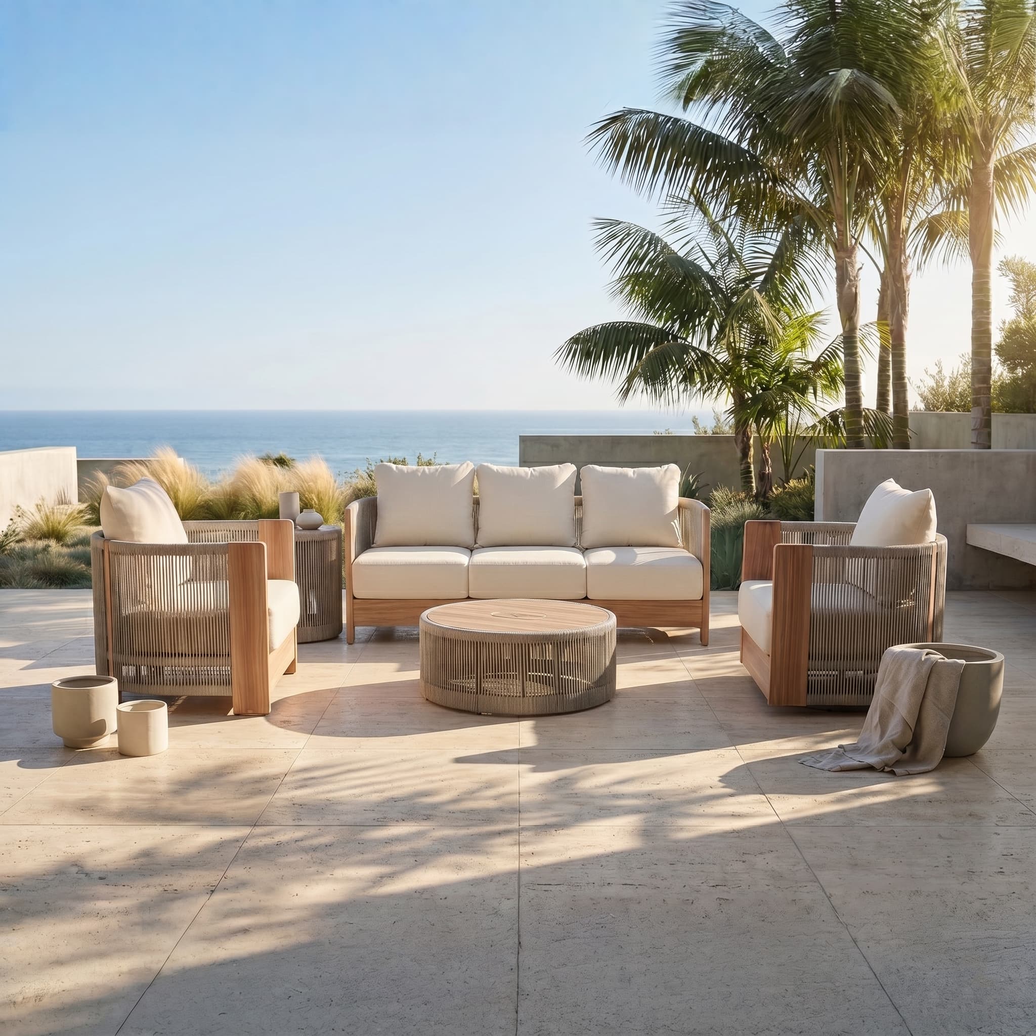 Irati Rope Rattan Design Outdoor Seating Set with 2 Tables, Built-in Storage Space
