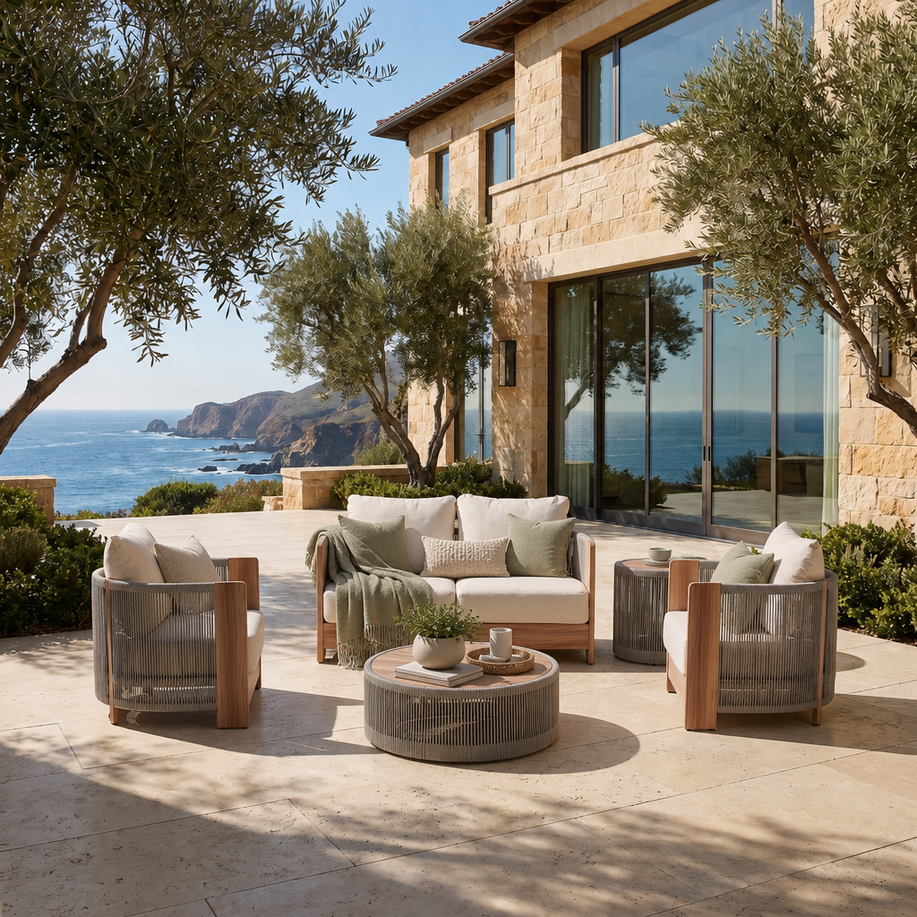 Irati Wood-Look Aluminum Outdoor Conversation Seating Set with 2 Tables, Built-in Storage Space & Rope Design