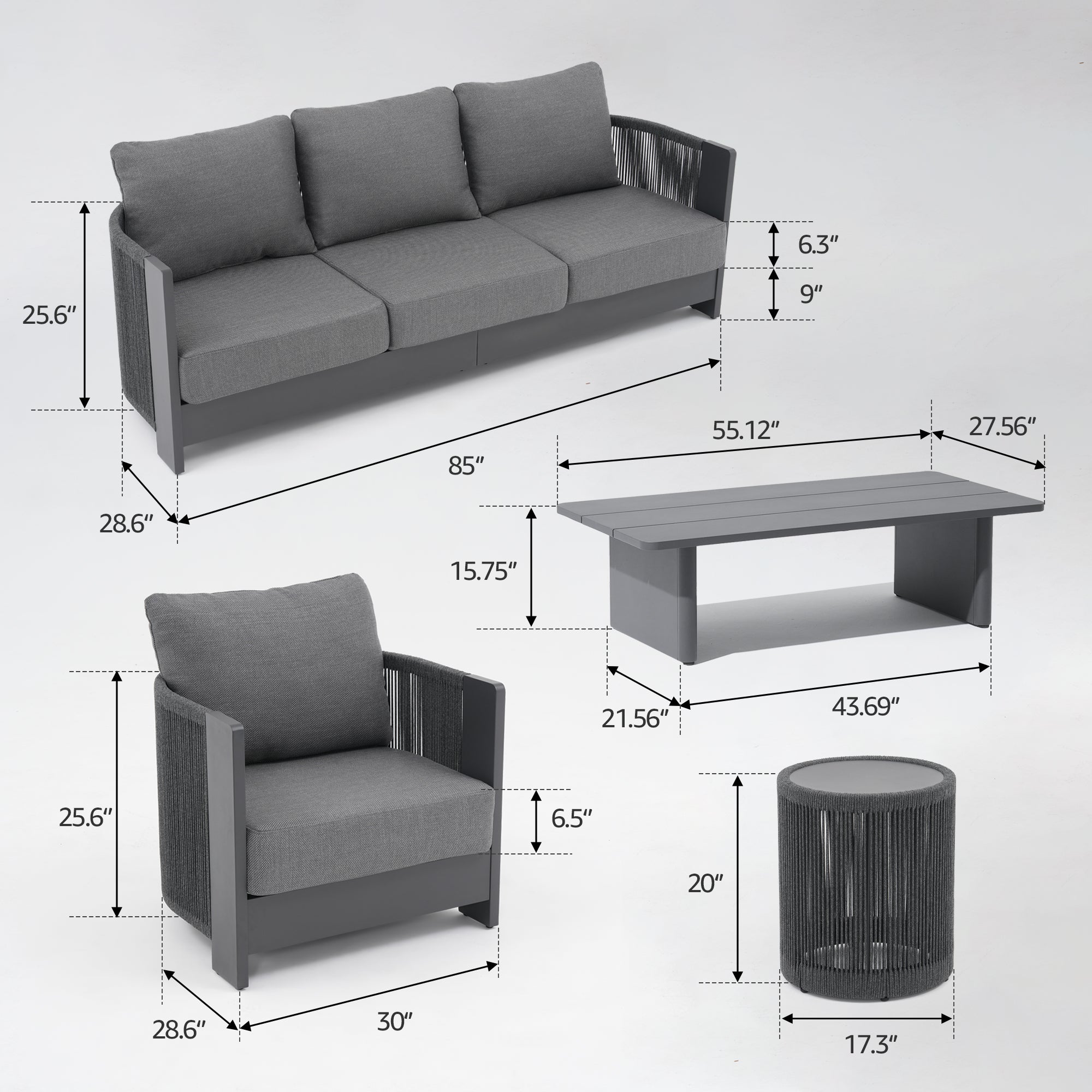 Gray outdoor furniture set with dimensions