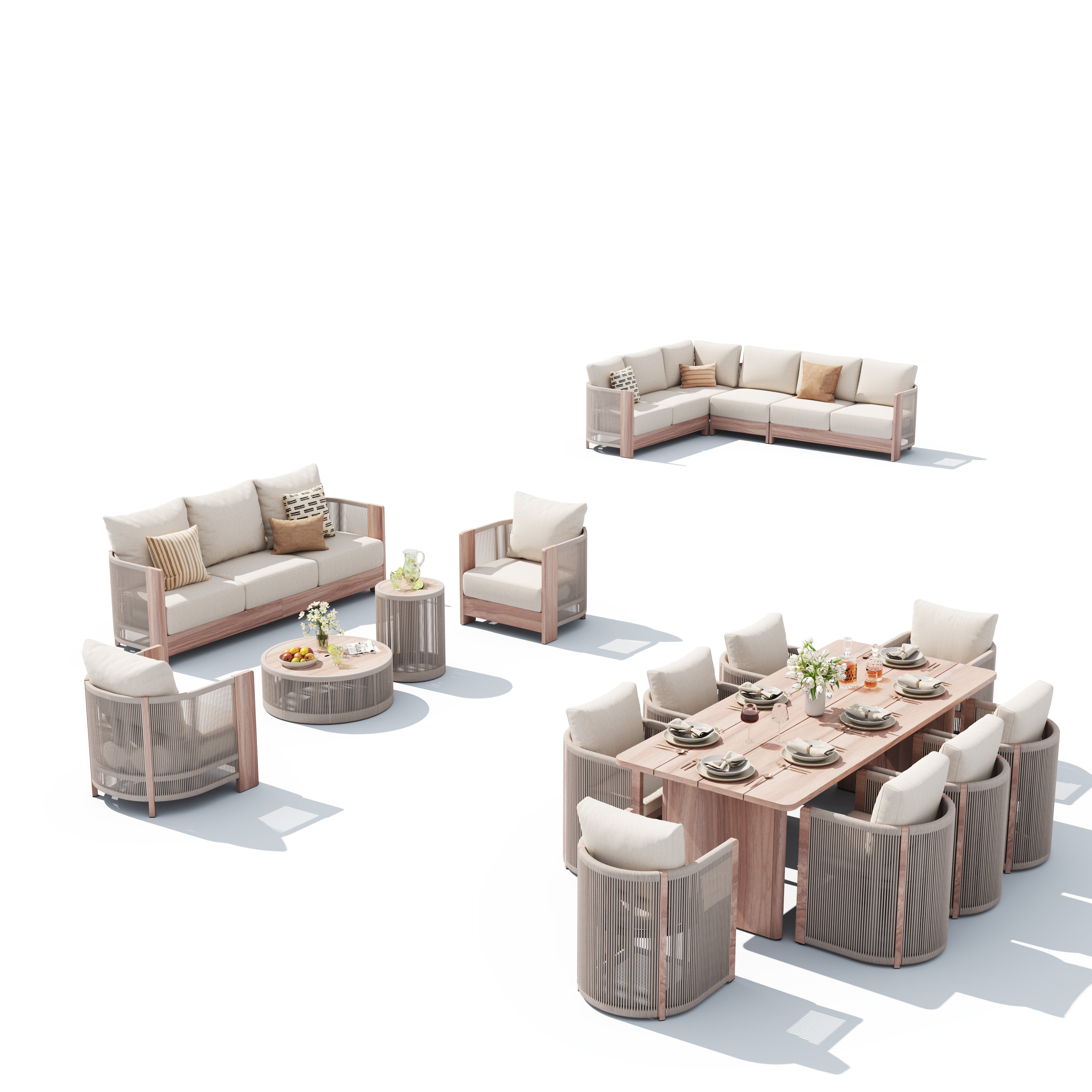Irati Complete Outdoor Collection, Wood-Look Aluminum Outdoor Furniture with Rope Design & Creamy White Cushion