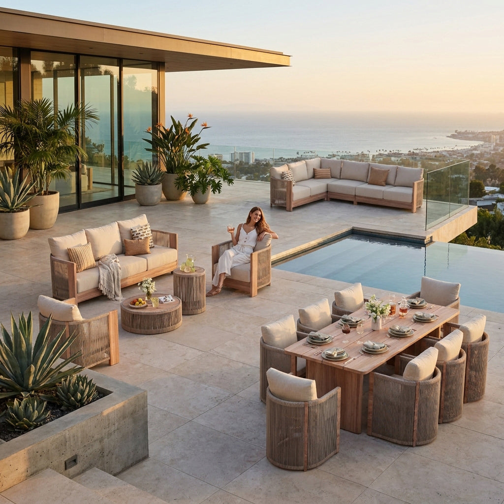 Irati Complete Outdoor Collection, Wood-Look Aluminum Outdoor Furniture with Rope Design & Creamy White Cushion