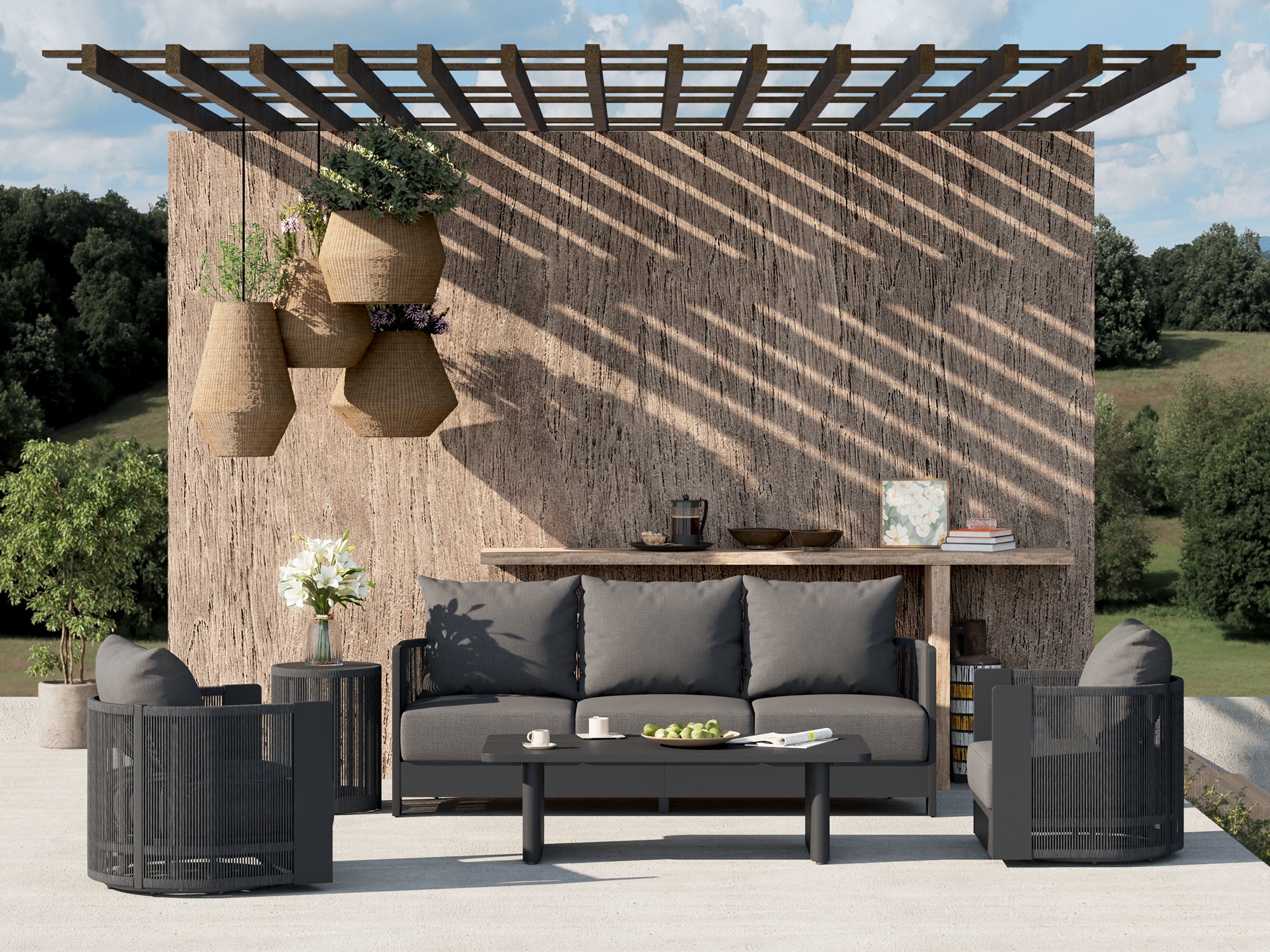 Irati 5-Piece Aluminum Rope Outdoor Conversation Seating Set, Dark Grey Cushions, Mixed Tables - Jardina Modern Premium Outdoor Patio Furniture Set